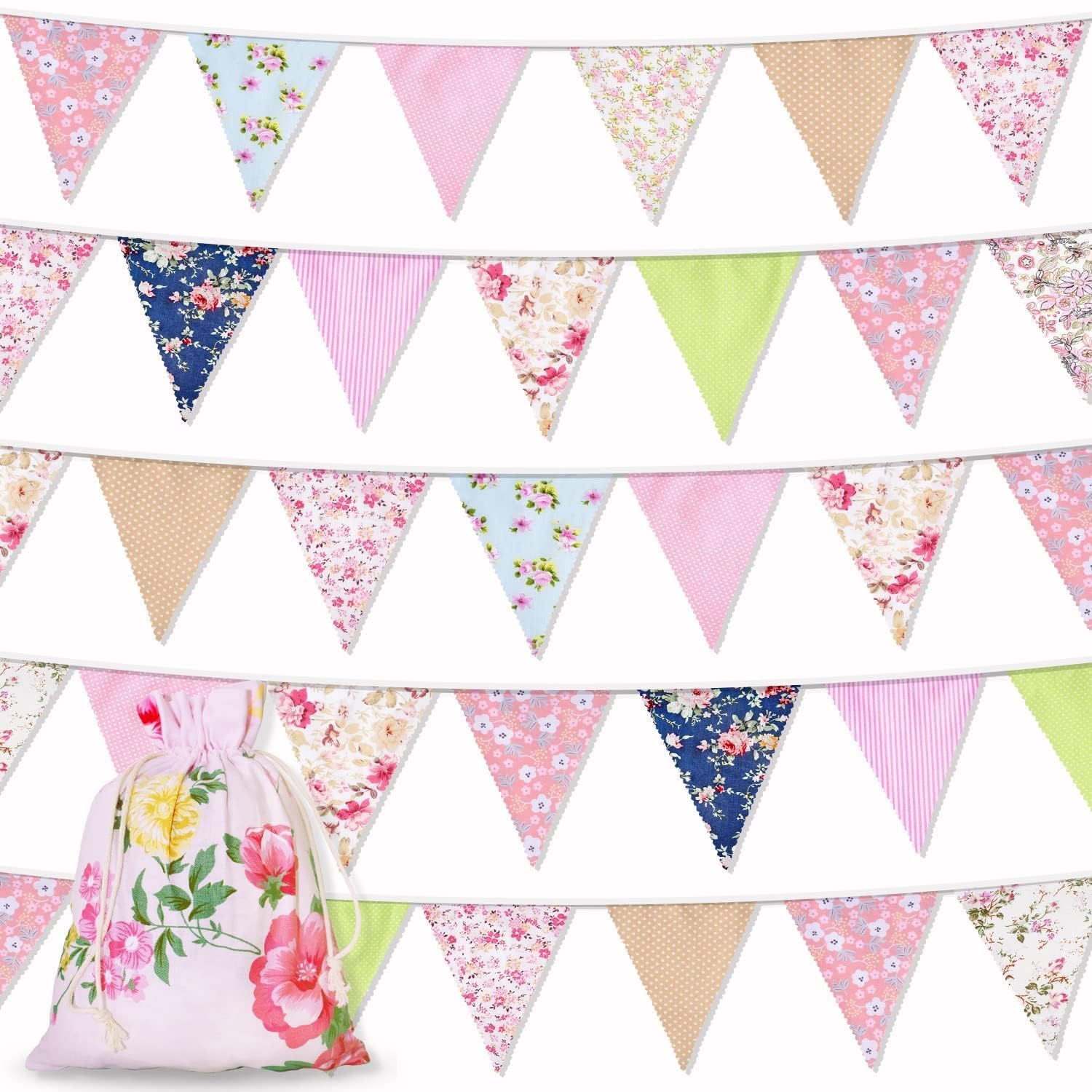 Orifinter 45.9ft Fabric Bunting Flags, 46Pcs Vintage Garden Bunting + Floral Drawstring Bag, Ve Day Bunting, Bunting Banner for Birthday, Party, Easter, Festival, Afternoon Tea Decorations