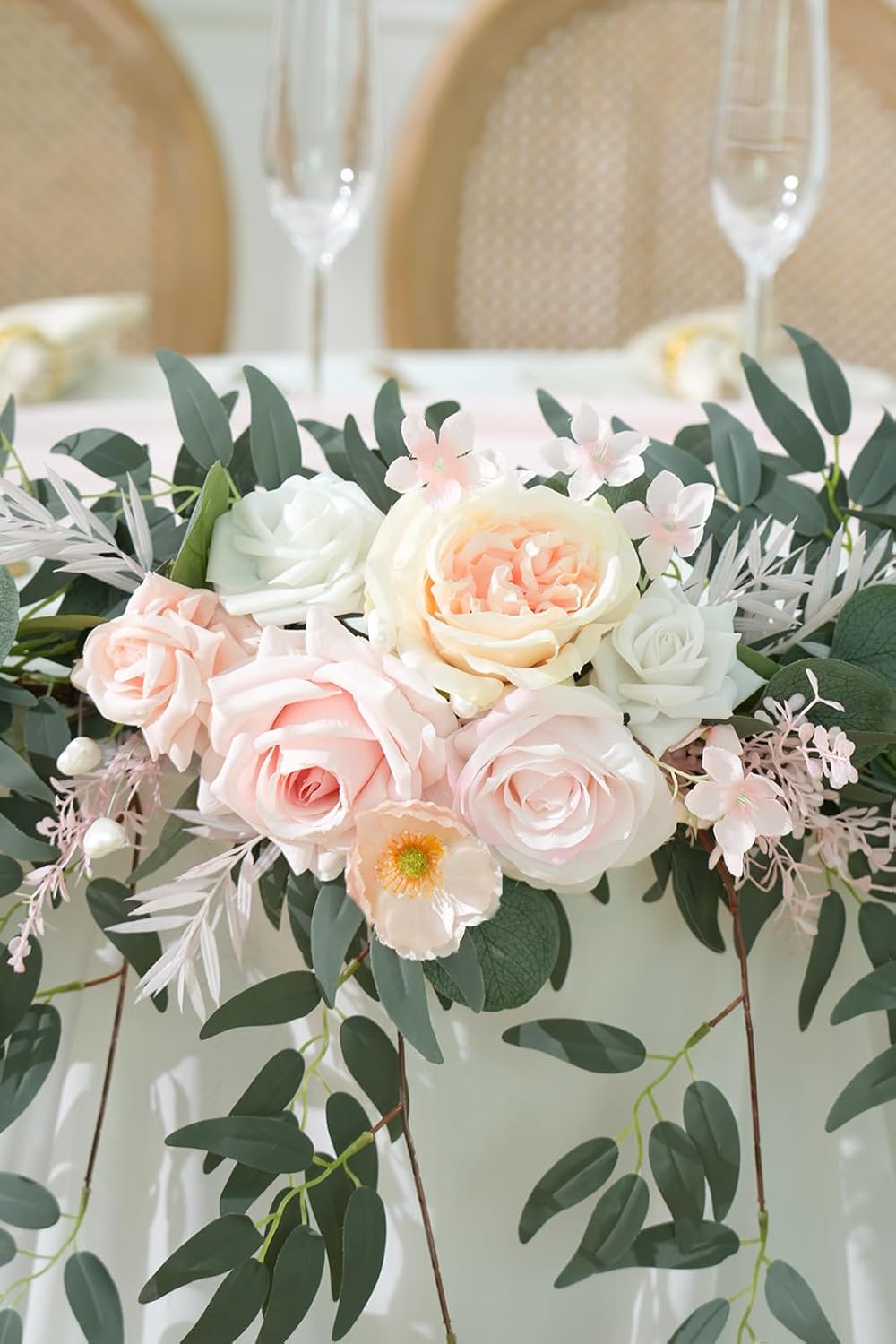 Spring Artificial Flower 7ft Garland, Wedding Arch Backdrop Floral Arrangement for Sweetheart Head Table Reception Decor Runner (Champagne & Pink)