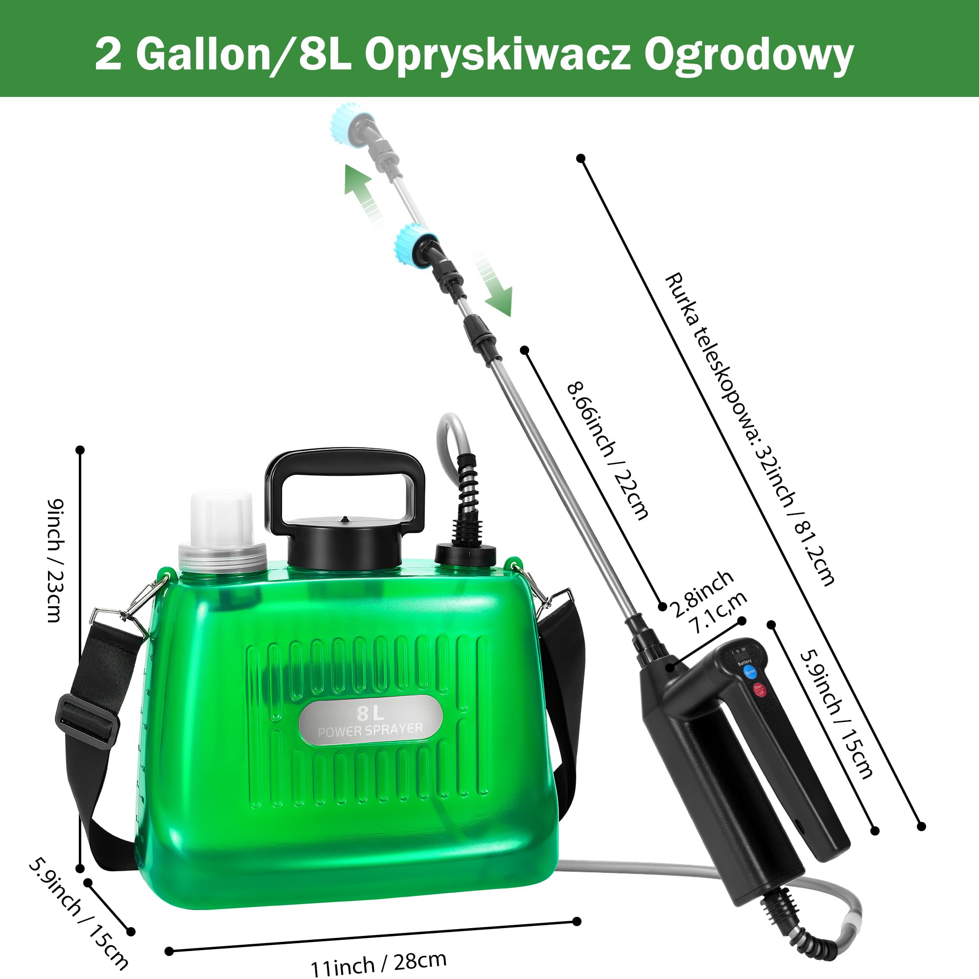 Elektryczny opryskiwacz ciśnieniowy, 8 l, z 4 regulowanymi dyszami, wskaźnik poziomu baterii, 3 regulowane prędkości, ładowany przez USB do nawadniania