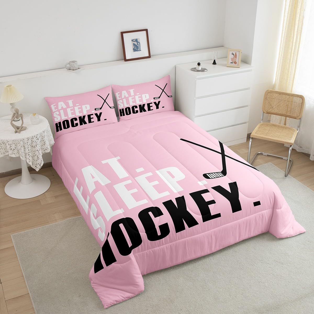 Loussiesd Hokej na lodzie zestaw pościeli różowy lód sporty gry zestaw kołdry pojedynczy rozmiar dla dzieci chłopców dziewcząt nastolatków hokeista hokej krążek hokej super miękka mikrofibra z 1
