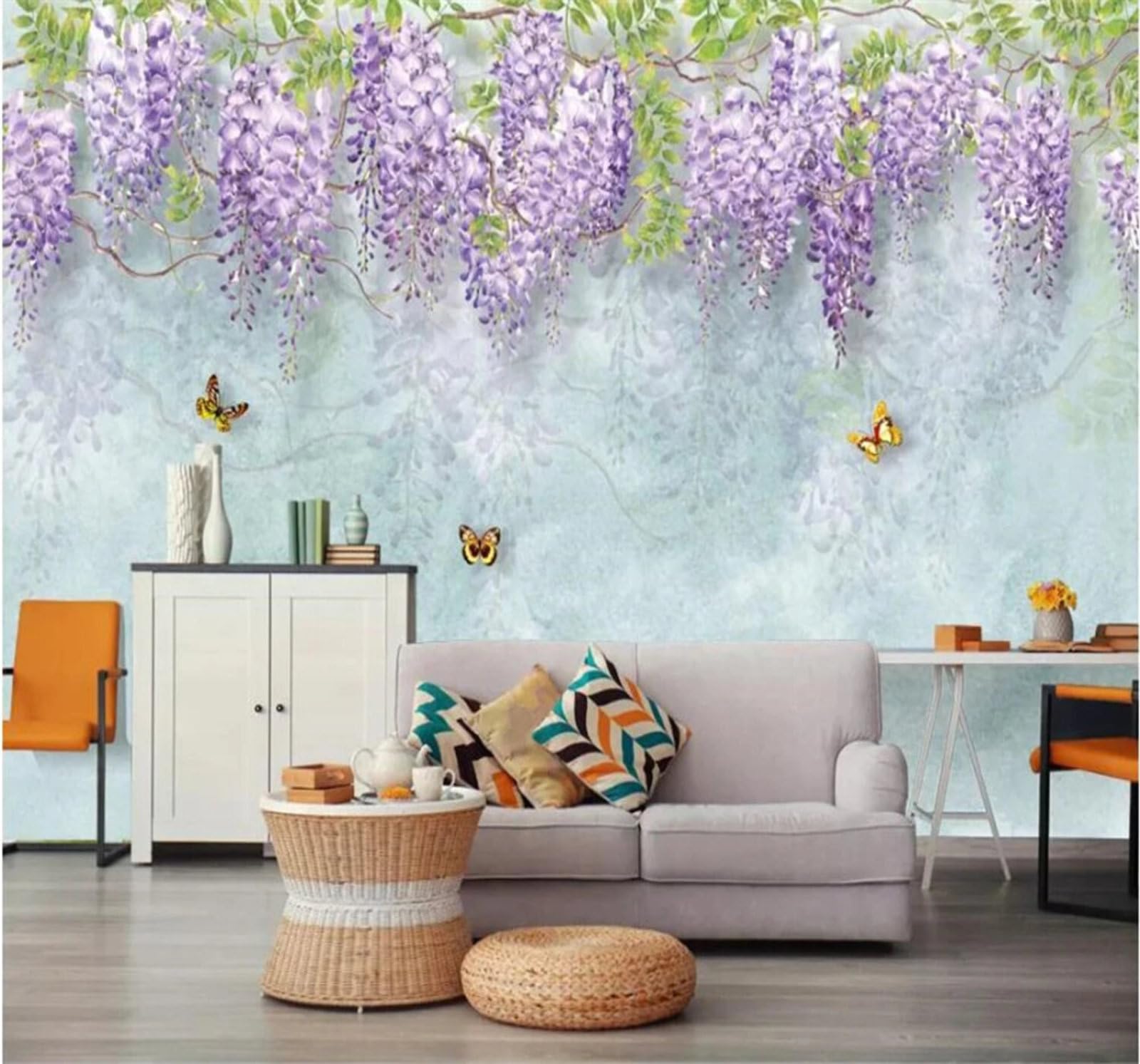 Fresh and Delicate Watercolour Purple Vines Flowers 3D Wallpaper Easy Install Feature Office Living Room Sofa Bedroom TV Background Wall Decoration-200cm×140cm