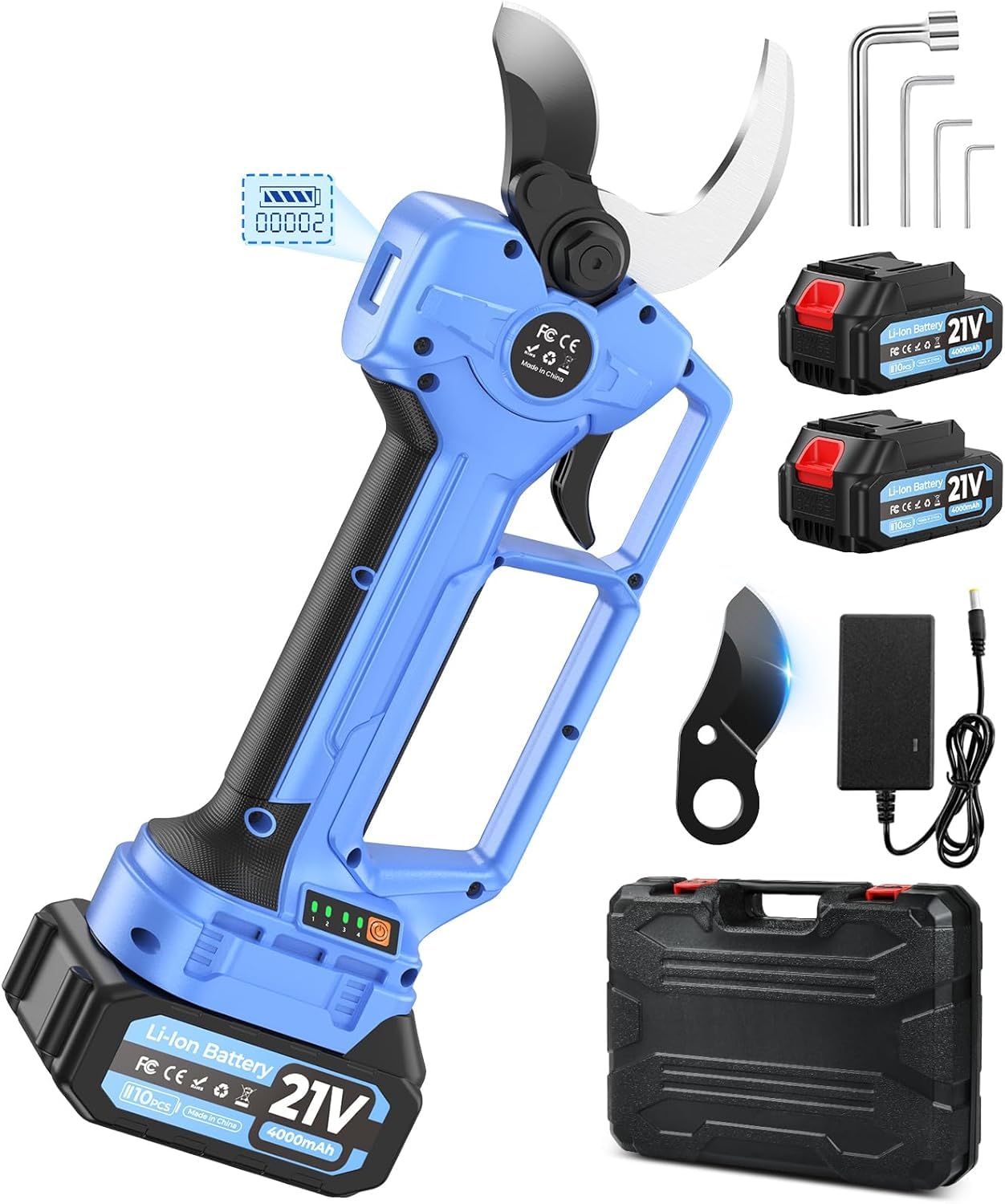 Sécateur électrique Sans Fil,Ouverture de lame 70 mm & Capacité de coupe 60mm, 1500W Sécateur Électrique Avec 2 * 4.0Ah, Lames SK7 & Affichage LED. Convient aux arbres Fruitiers et au Jardinage