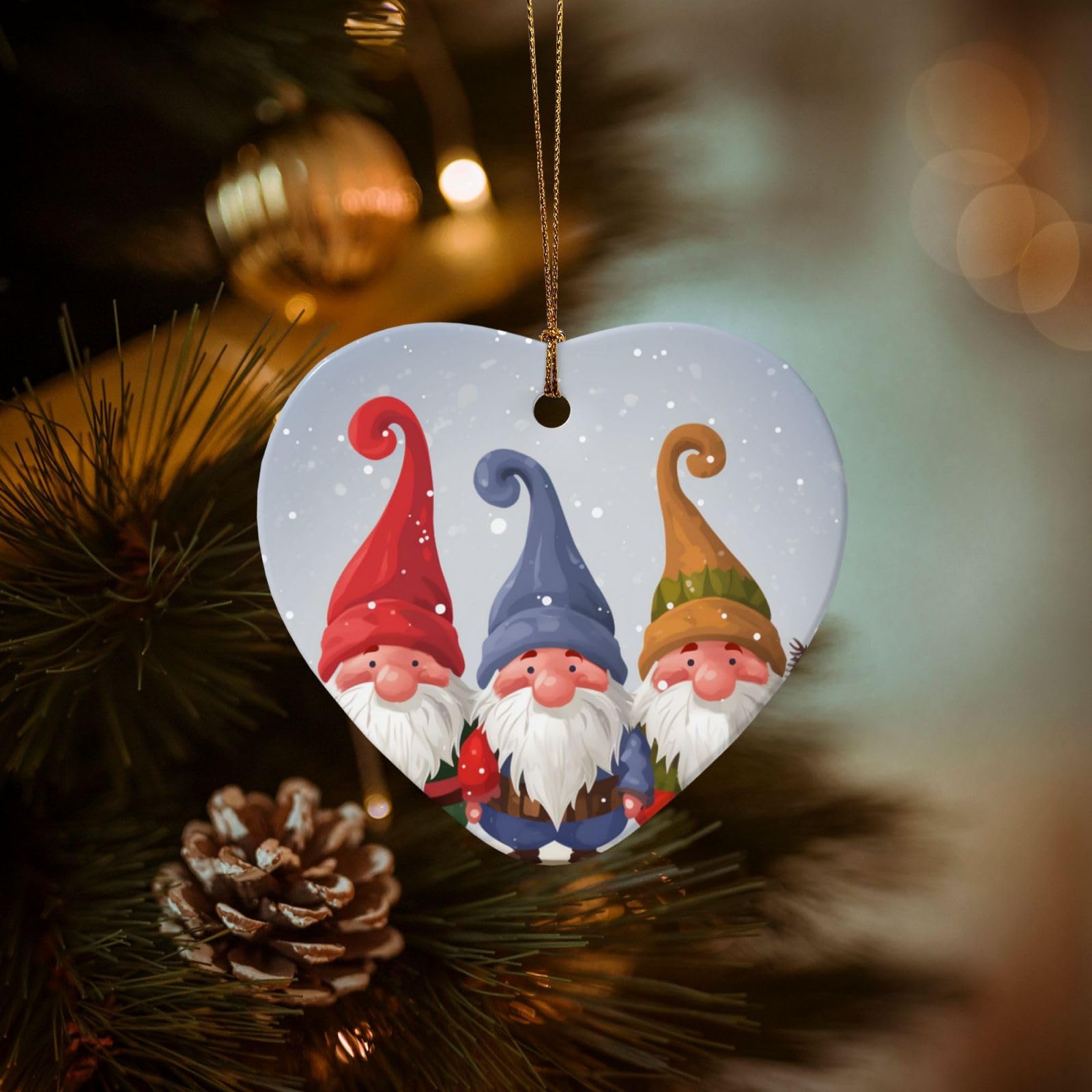 Christmas Ornaments for Christmas Tree Decoration Hanging Christmas Winter Gnomes Ornament with Gold Ribbon Crafts Heart Shape Ceramic Pendant for Keepsake Gifts Xmas Decor Party Supplies
