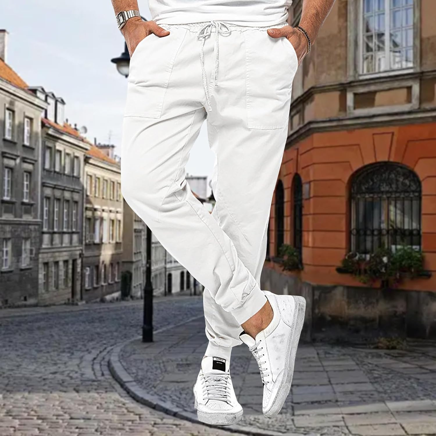 Mens Drawstring Cargo Jogger Pants Polyester Elastic Waist Casual Outdoor Hiking with Side Deep Pockets - Image 4