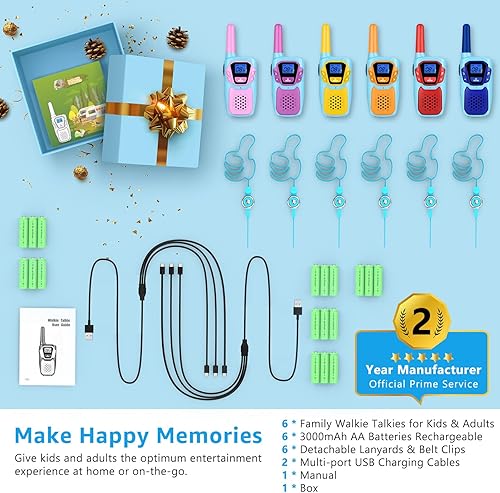 Miniatura 7 de Walkie Talkies for Kids Long Range Walkie-Talkie for Adults Rechargeable 6 Pack with Lanyard NOAA USB, Family Pink 2 Way Radio Toys for 3-12 Year