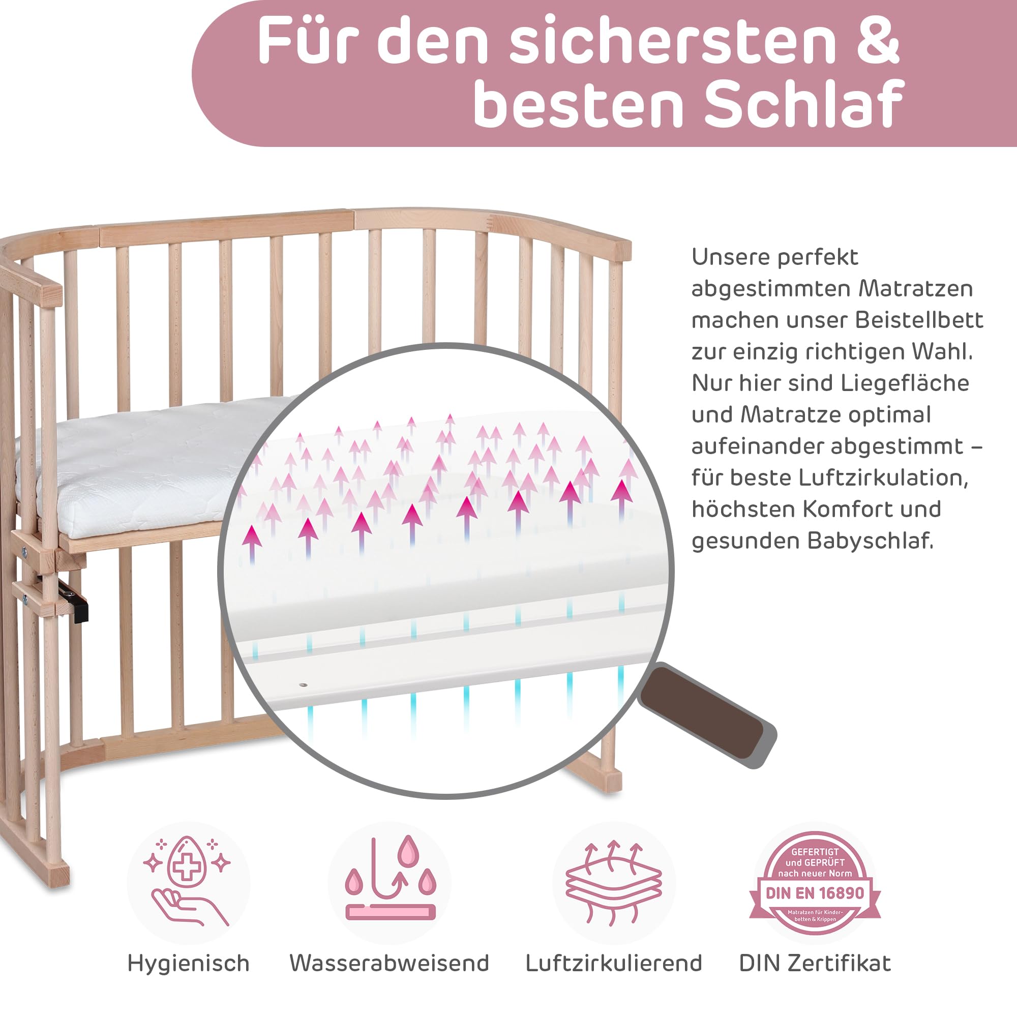 babybay Origineel bijzetbed van massief beukenhout/compact & veranderbaar/kinderbed hoogte traploos verstelbaar & milieuvriendelijk/meegroeiend babybed (natuur onbehandeld) / incl. matras
