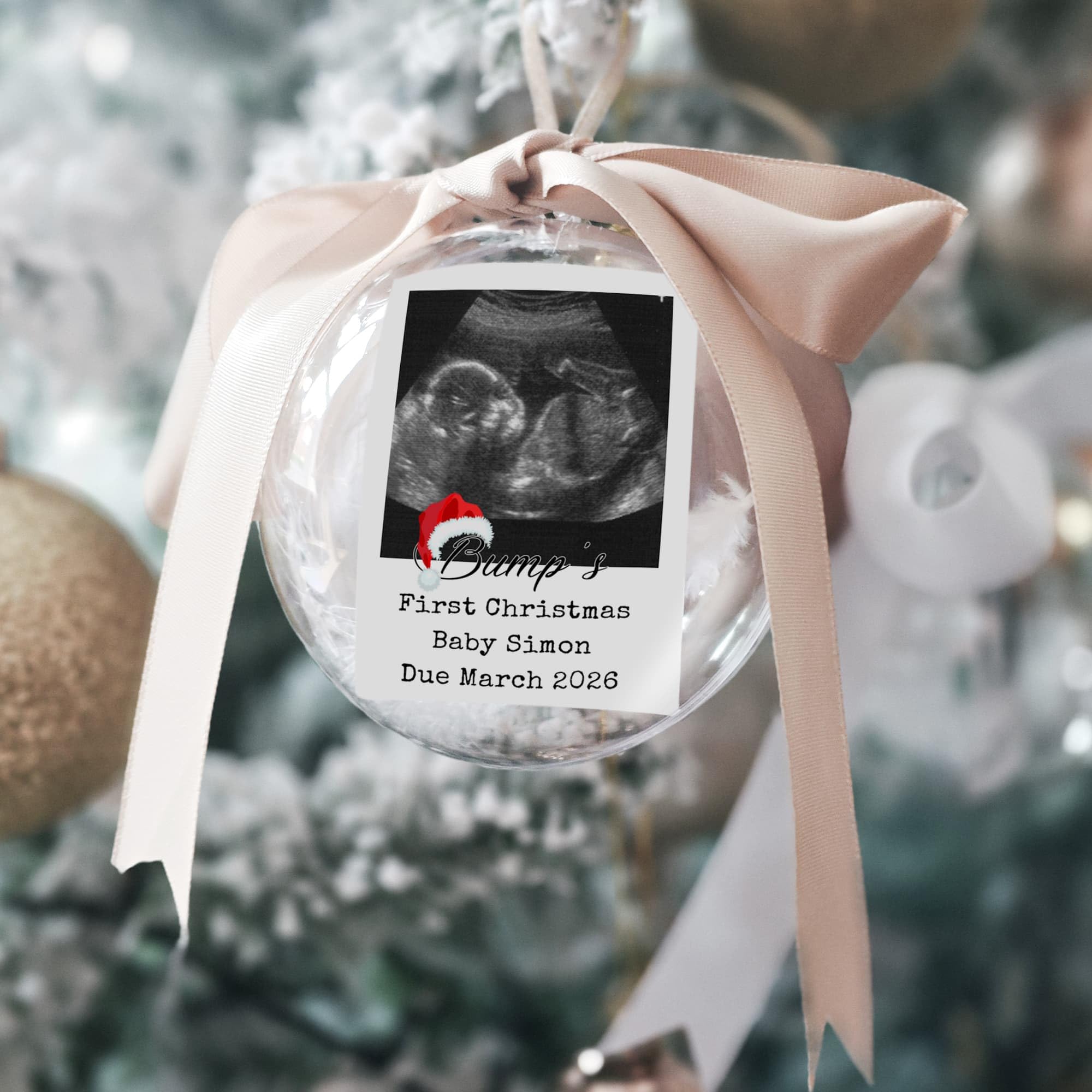 Gutegifts Clear Personalized Baby Ultrasound Christmas Bauble – Bump’s First Christmas Ornament – Custom Pregnancy Sonogram Keepsake With 8Cm Ball, Ribbon & Feather For Expecting Parents