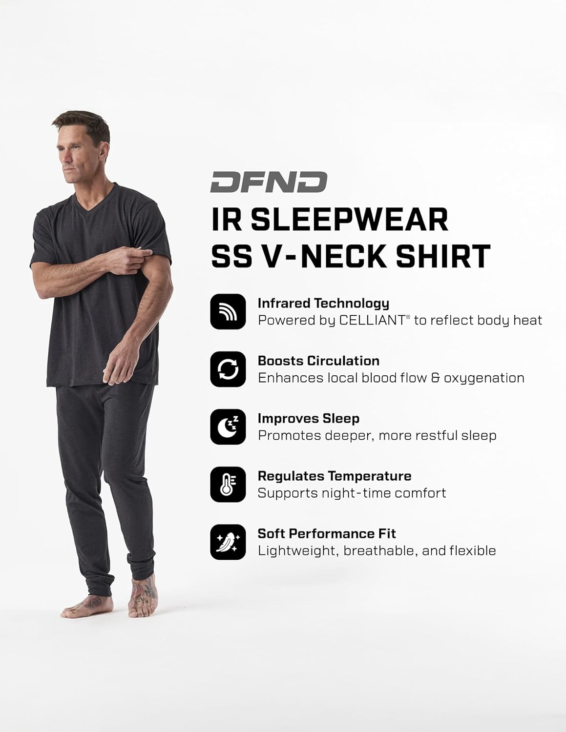 DFND Cooling Sleepwear V Neck Short Sleeve Shirt for Men – Celliant Infrared Recovery Technology Short Sleeve - Made in USA