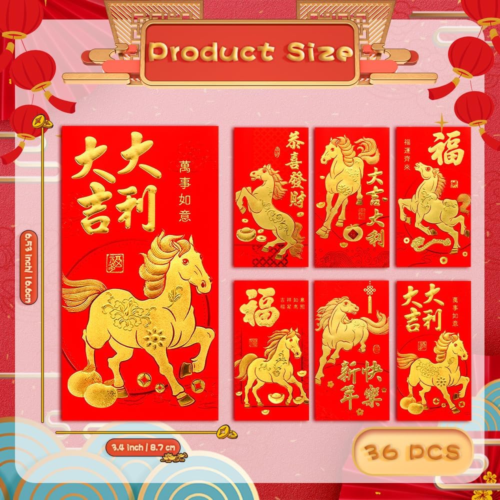 Chinese New Year Red Envelopes, 36 PCS Red Envelopes, Horse Year Reds Envelope 2026, 春节红包, Hong Bao, Lucky Money Envelope Reds Pocket Packet for 2026 New Years Eve Party Spring Festival, 6 Designs - Image 2