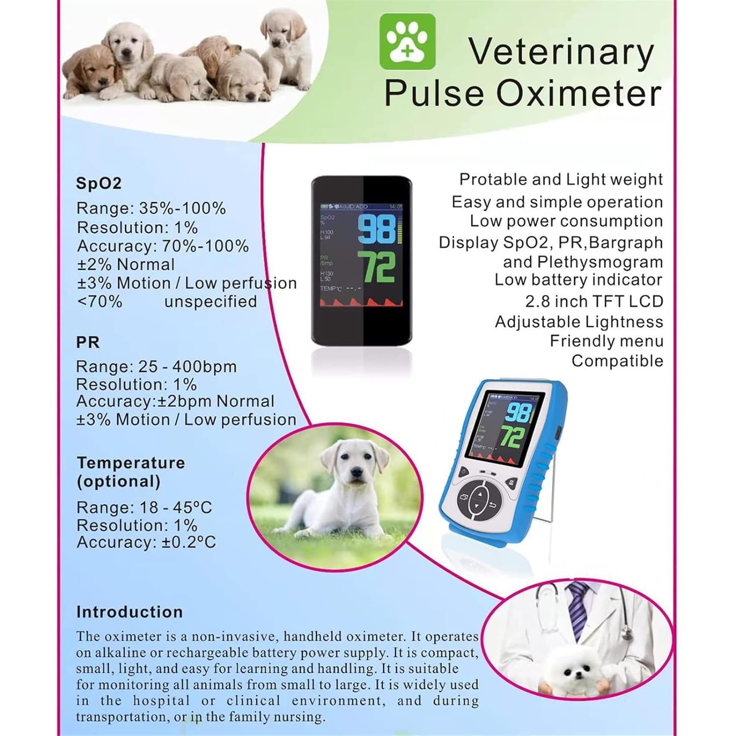 Veterinär-Pulsoximeter, Pet SPO2 / Pulsfrequenz/Temperatur-Monitor, Mit Ohr/Zunge Sensor, 2,8 Zoll LCD-Digitalanzeige, Mehrsprachige Unterstützung, Für Haustiere Krankenhaus