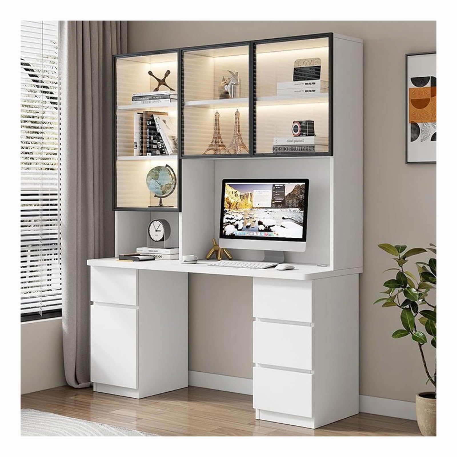 Wdsopk White Computer Desk Home Office Desk Home Office Desk With Drawers, Computer Desk With Glass Door,Bookshelf Workstation For Study Play Work Bedroom Home Office（-80Cm）