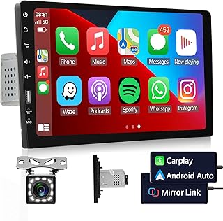Single Din Apple Carplay Car Stereo with Android Auto, podofo 9" HD Touchscreen Bluetooth Car Radio Supports FM/AM Radio Mirror Link SWC,Car Audio Receivers with Backup Camera/External Mic/USB