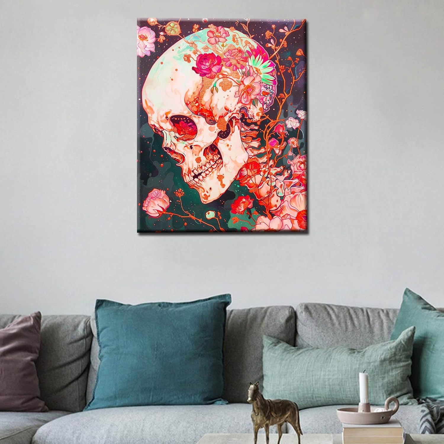 Tucocoo Day of The Dead Blooming Flowers Skull Paint by Number Kits for Adults Beginner DIY Oil Paint by Numbers on Canvas Gothic Skeleton Halloween Picture Home Wall Art Decor Gift 16”x20”inch Frame