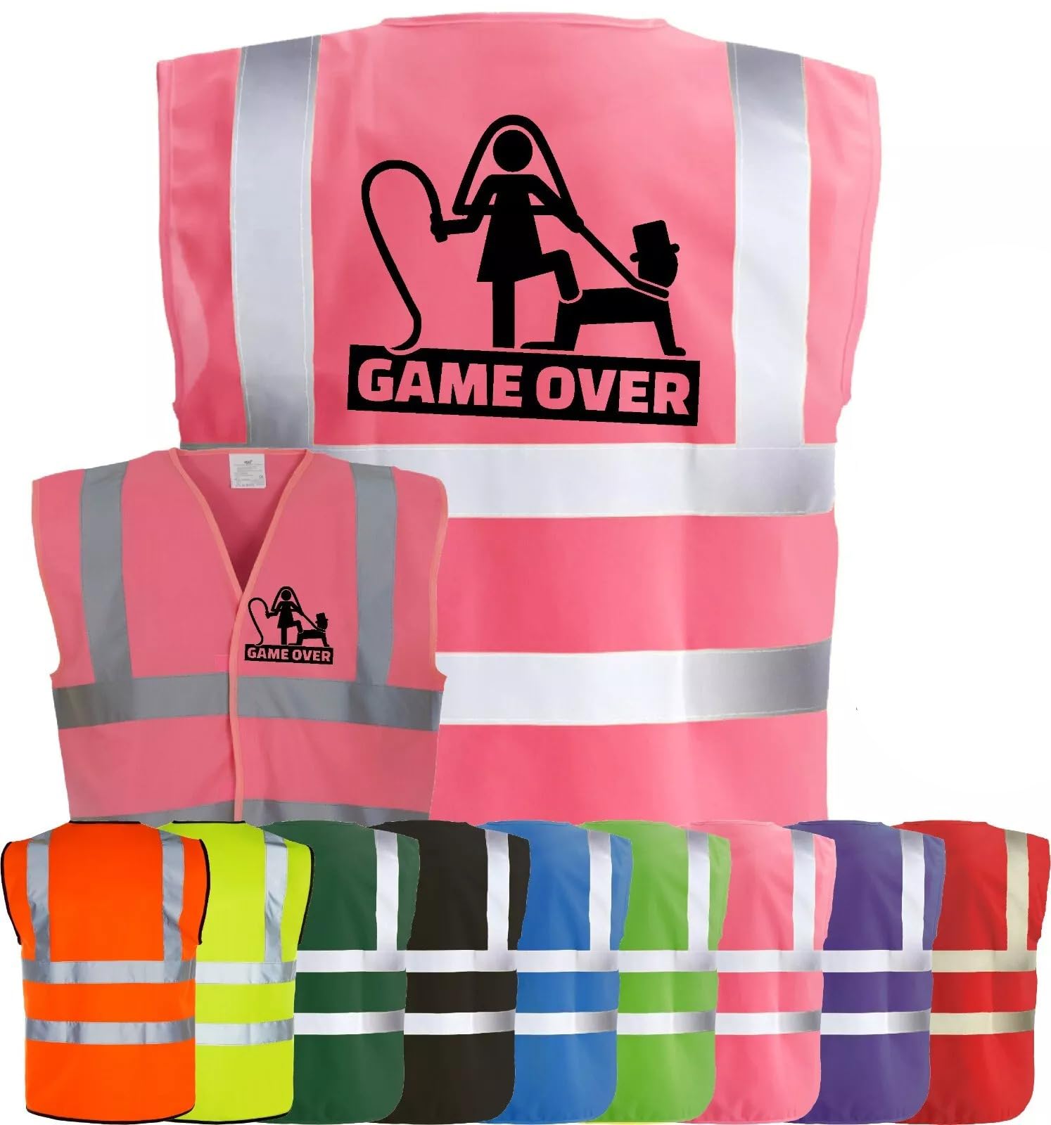Corporate Togs GAME OVER Funny Hi Vis Vest, Stag Do Party Wedding Groom Printed Vest, Reflective Trim, Fully EN471 Health & Safety Compliant Gear, Small-XXXL | Safety Vests
