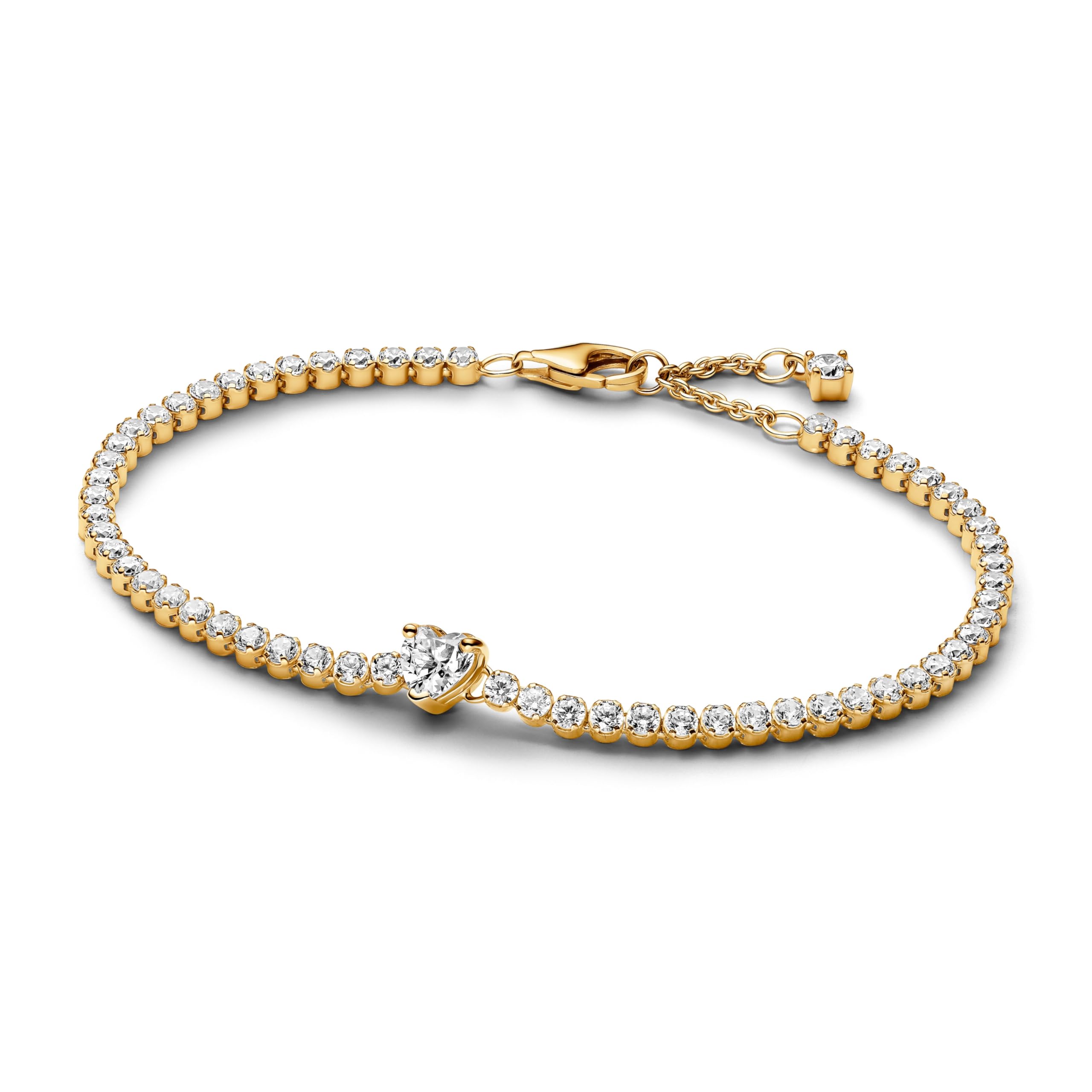 PANDORA Timeless Funkelndes Herz Tennisarmband – Sterling-Silber mit 14 Karat vergoldeter Metalllegierung und Zirkonia, 16 cm