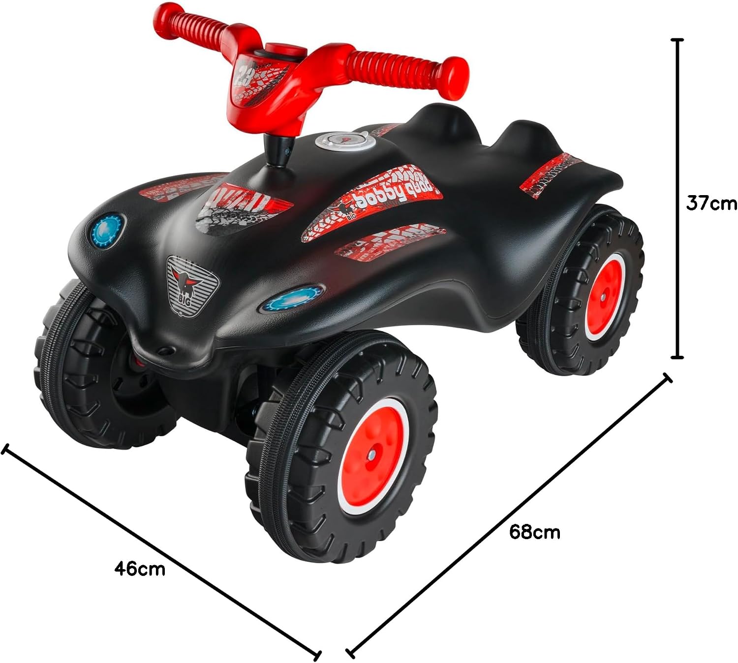 Packaging for the BIG Bobby Car Quad Racing, showing the product and key features.