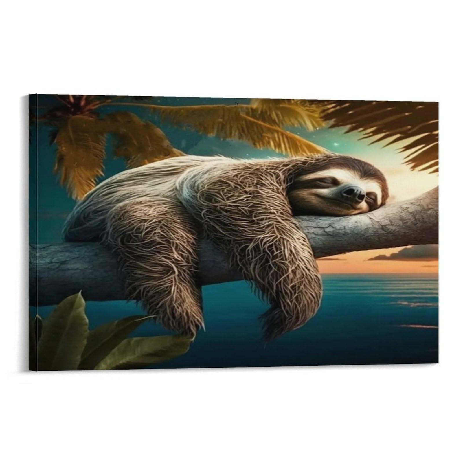 CPLVKWRQJ Sloth Sleeping Tree Single Piece Lazy Sloth Napping Palm Tree Seaside Sunset Canvas Wall Decor - Kitchen Removable Wall Art Multi-Purpose Ready to Hang 12x18inch(30x45cm)