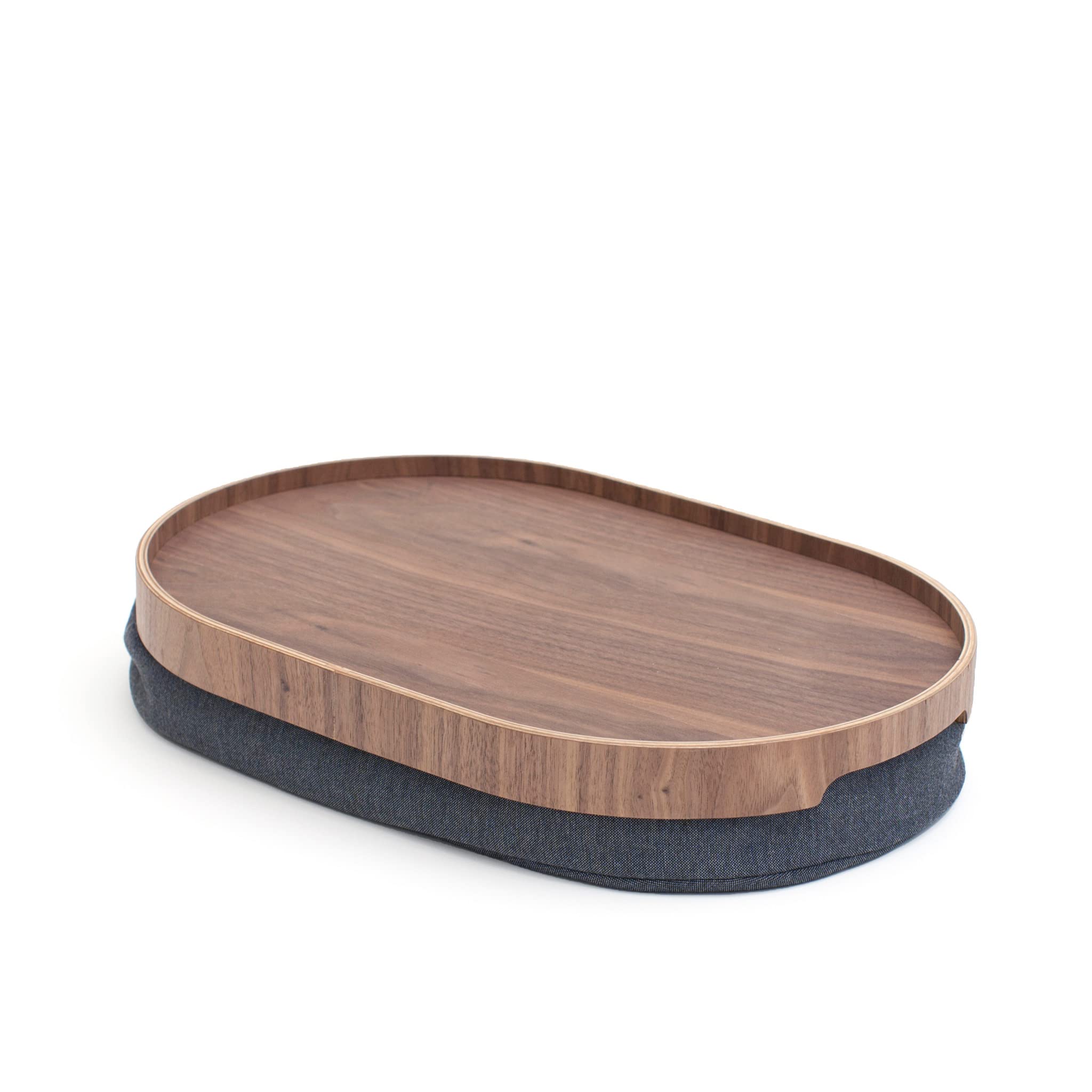 Bandeja portátil multifuncional con cojín moldeable. Para ordenador portátil desayuno cena. Bandeja antideslizante. Funda de almohada lavable extraíble. Almohada gris. Nogal. Mediano (39x26x6,5 cm)
