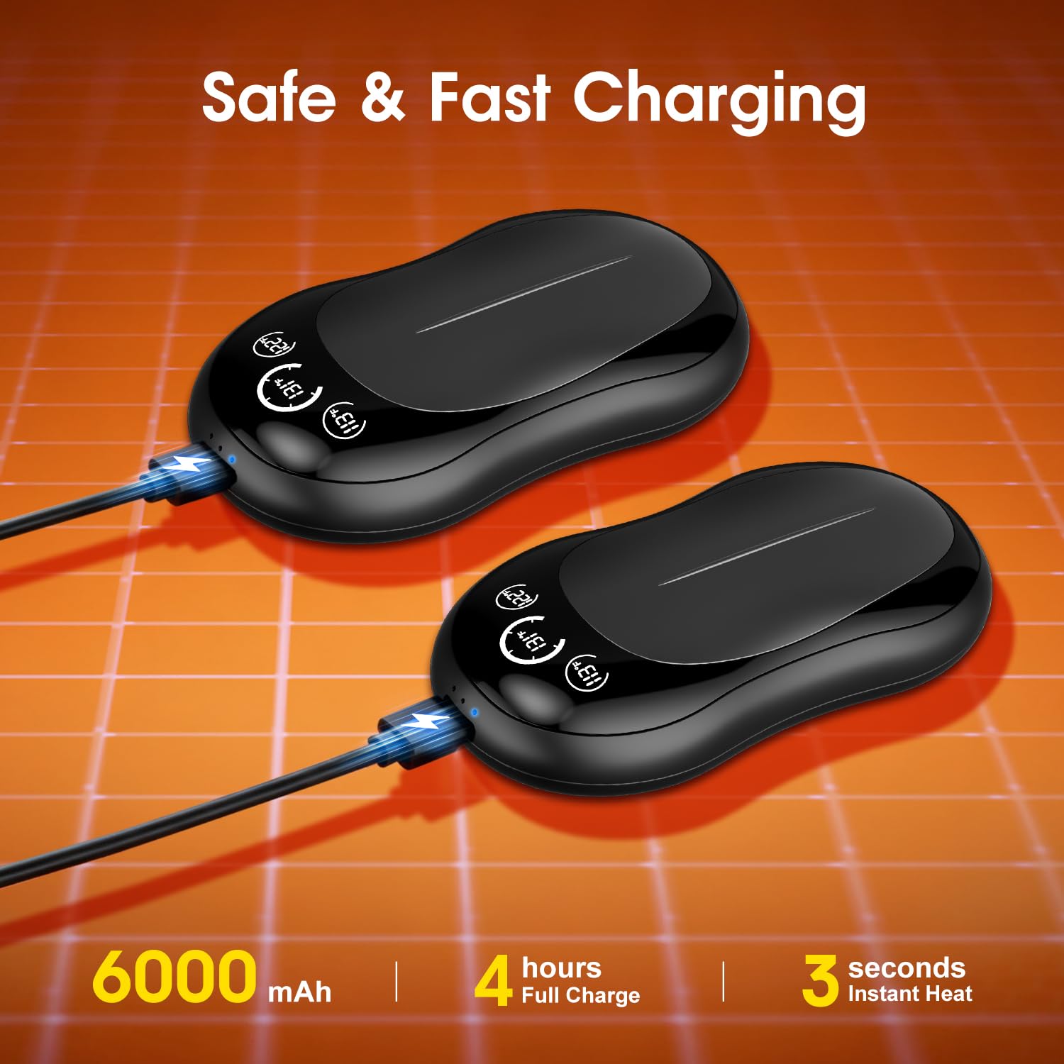 Hand Warmers Rechargeable 2 Pack, 6000mAh UL Certified Safe Electric Hand Warmers with 3-Temp Display, Ultra-Slim Portable Pocket Heater, Outdoor/Hunting Essentials, Gifts for Christmas Men & Women