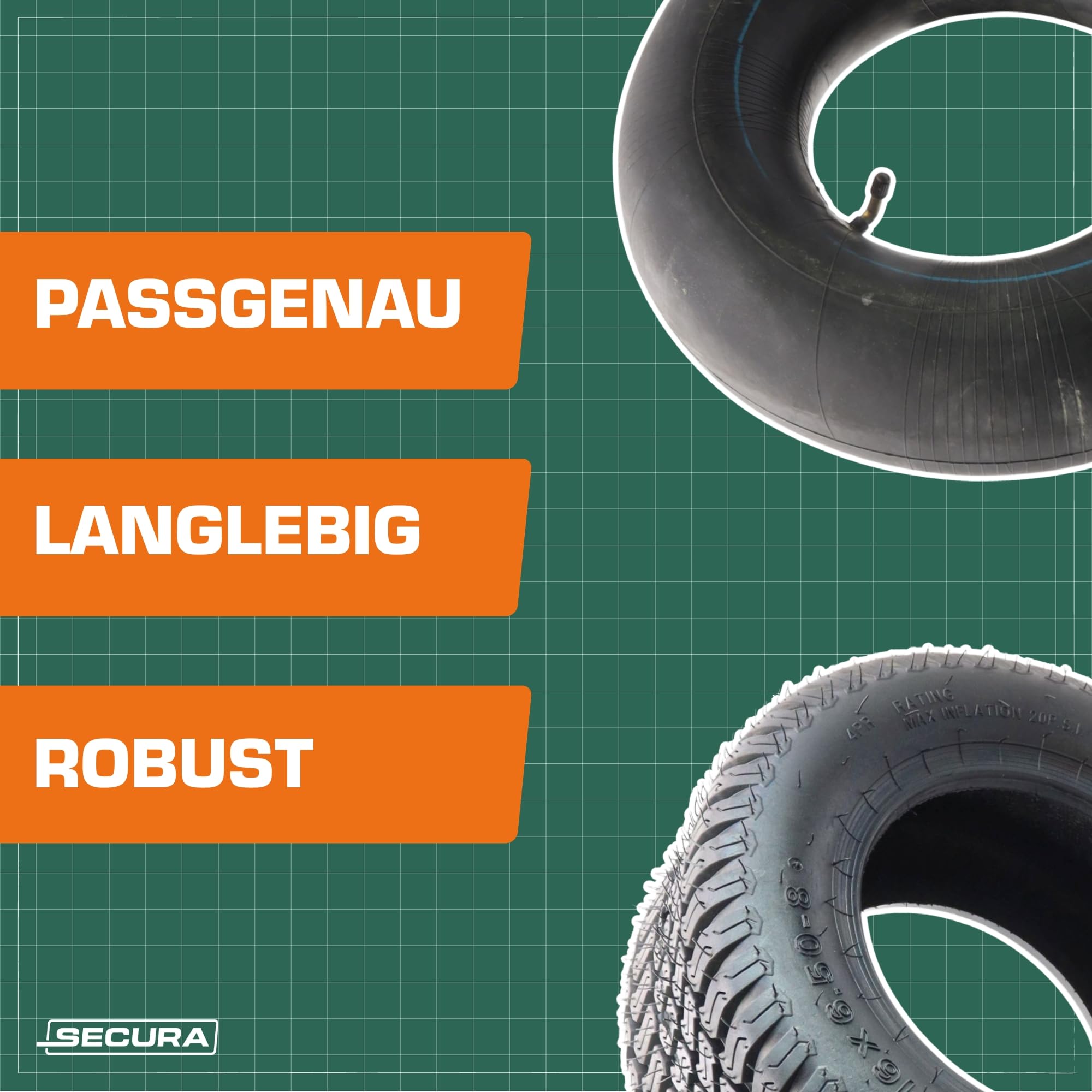 SECURA 2x Reifen 16x6.50-8 tubeless inkl. Schläuche mit abgebogenem Winkelventil TR87