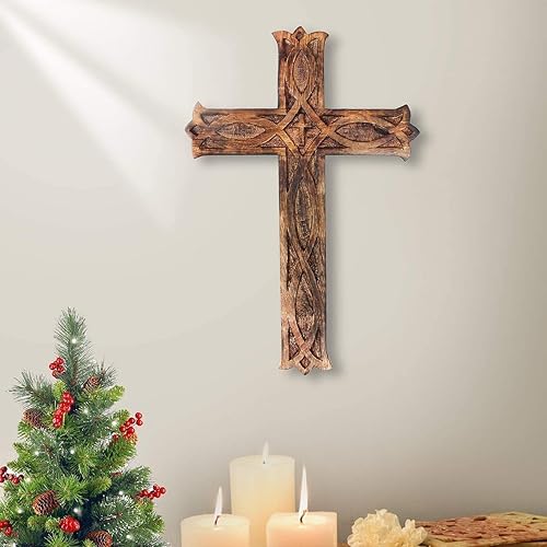 Miniatura 3 de Iblay - Crucifijo religioso católico de madera para colgar en la pared, 18.0 x 12.0in, diseño de flores, para sala de estar, decoración del hogar,