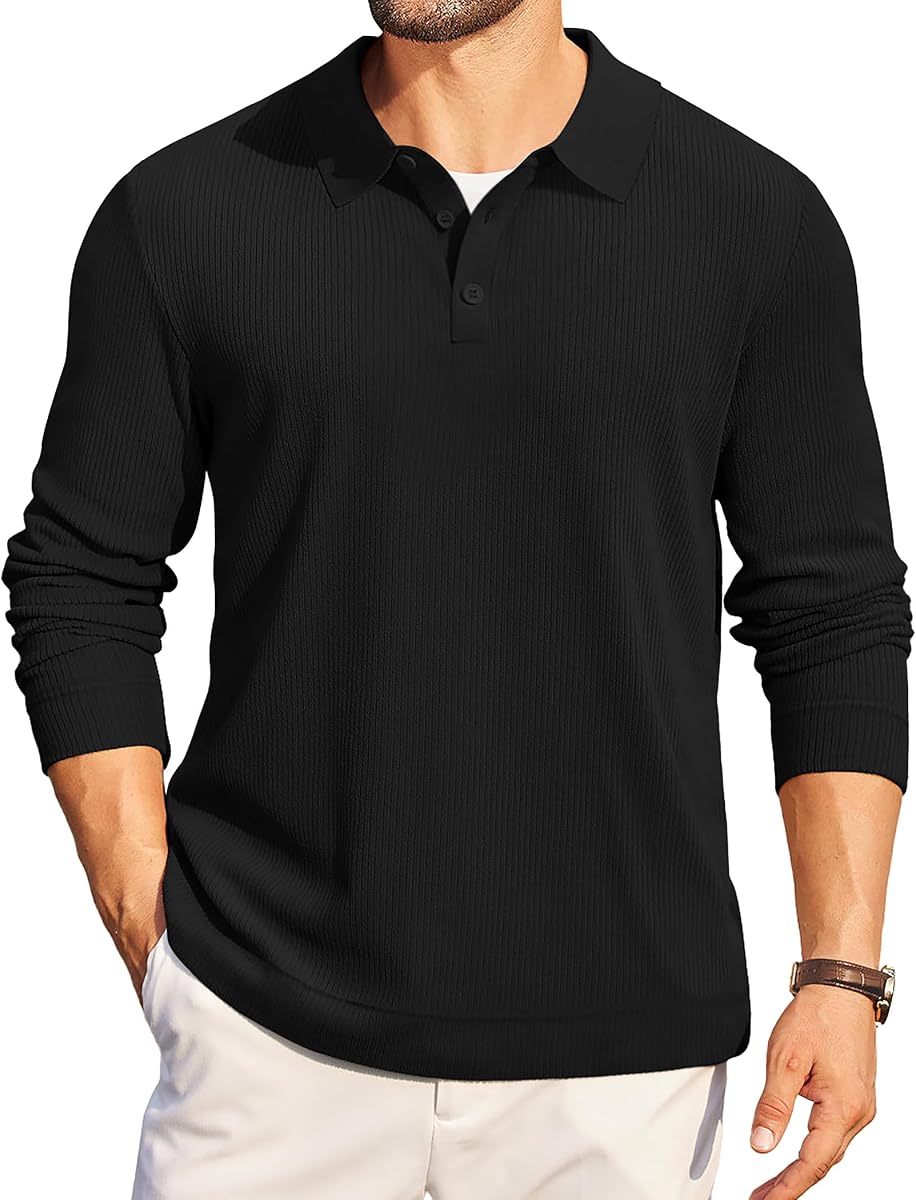 Mens Long Sleeve Polo Knit Polo Sweater Collared Pullover Casual Golf Polo Sweater