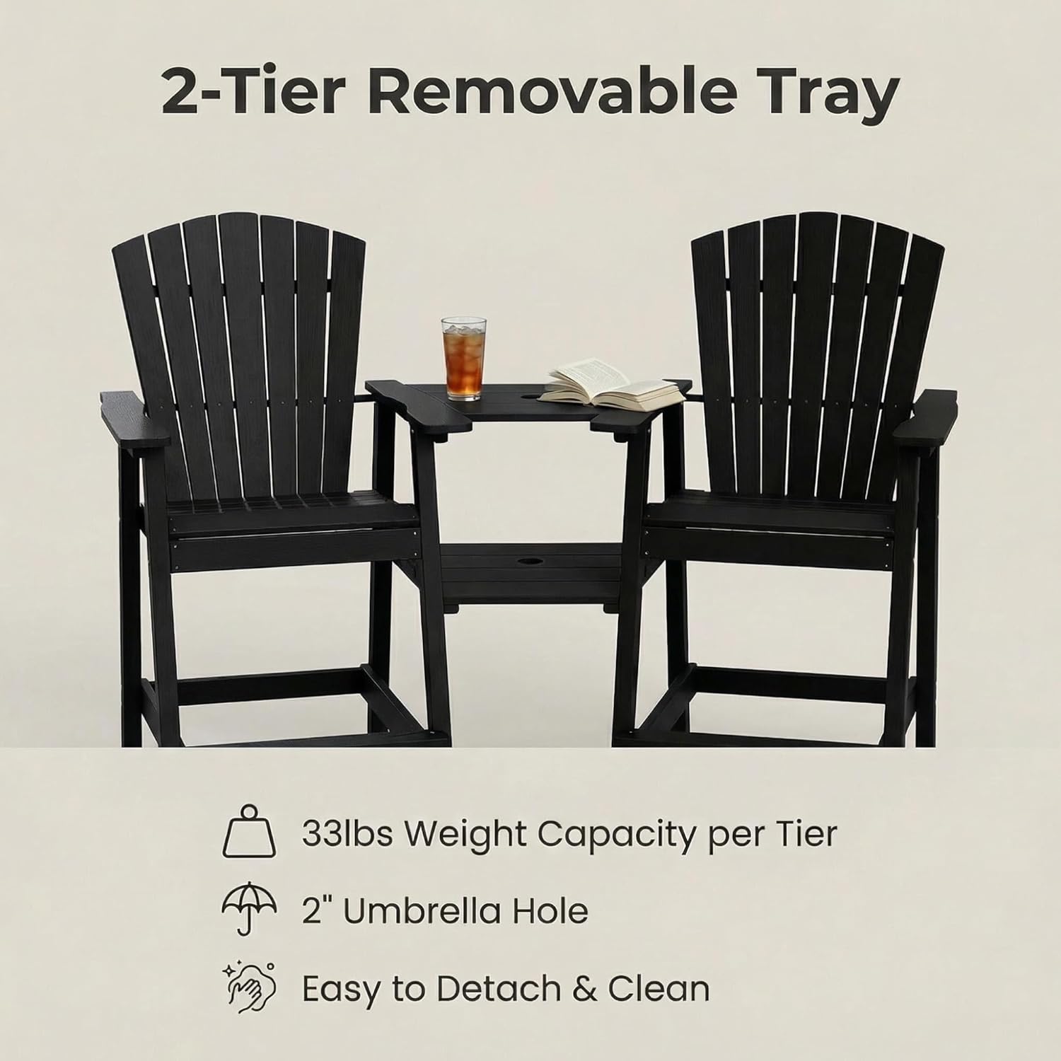 GLANC Tall Adirondack Chairs Set of 2, All Weather HDPE Bar Height Balcony Adirondack Chair with Removable Double Connecting Trays, Black Outdoor Adirondack Barstools for Deck Patio Yard Pool Lawn
