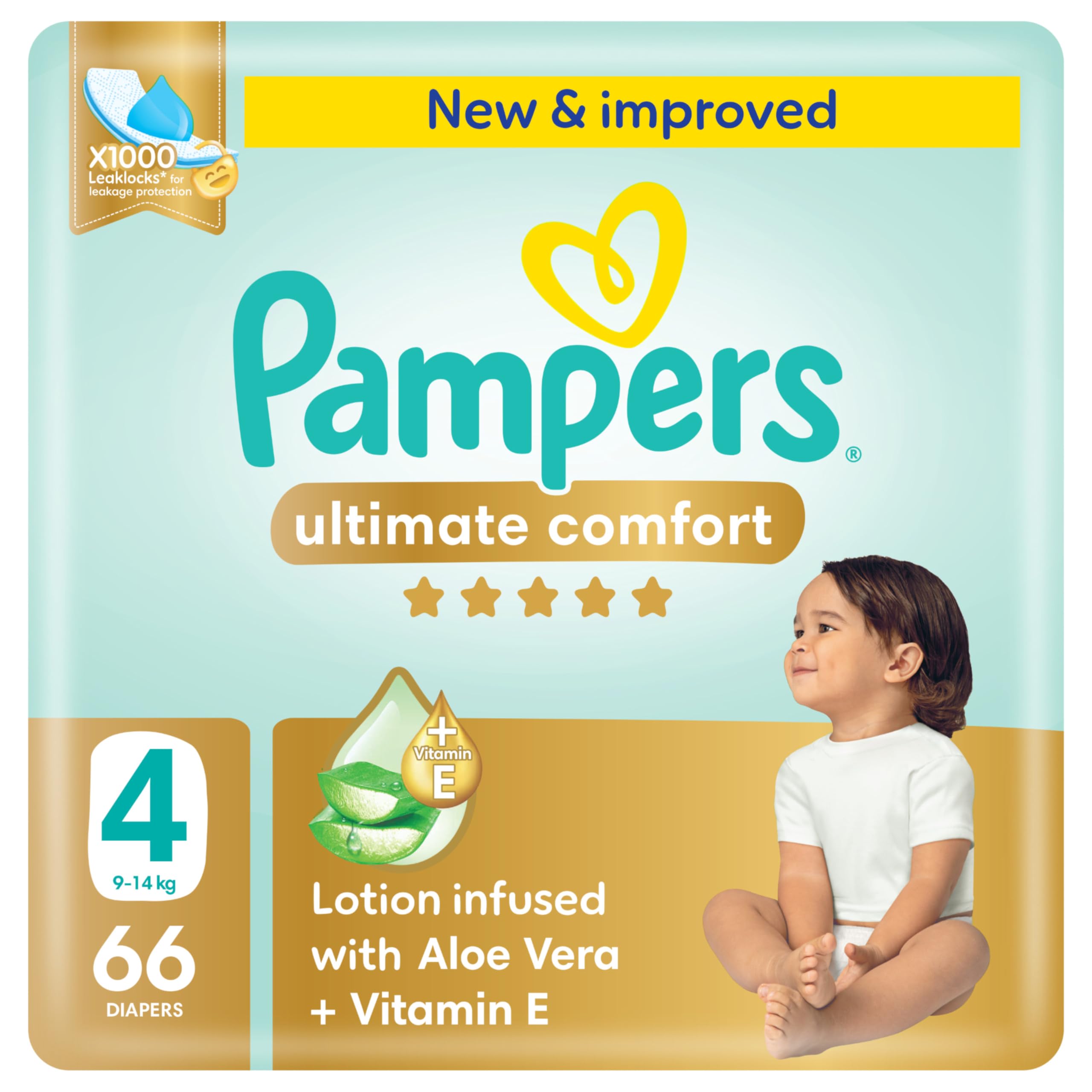 Ultimate Comfort Taped Diapers, Size 4, 9-14kg, Lotion infused with Aloe Vera and Vitamin E, x1000 Leak Locks Technology for Leakage Protection, Giant Pack, 66 Count