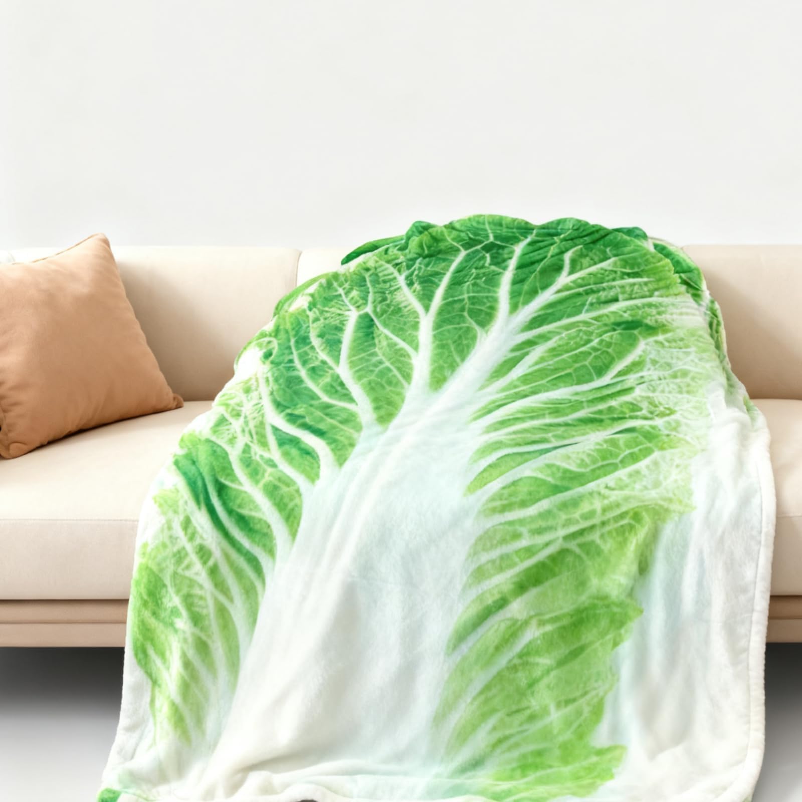 Chinese Cabbage Print Throw Blanket, Realistic Leaf Design with Wavy Edges, Soft Accent Blanket for Sofa Bed