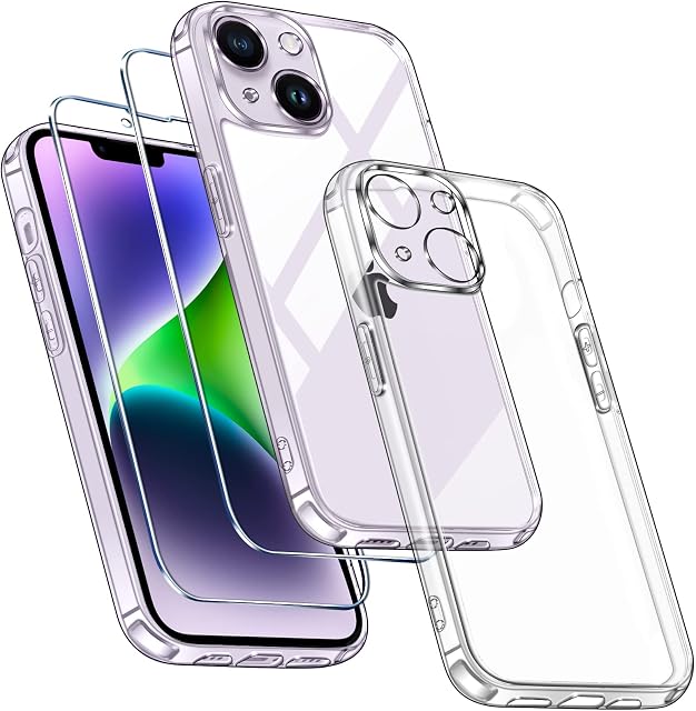 ivoler [3 in 1] Camera Protection Case for iPhone 14 6.1" [Long Lasting Clarity] [Military Grade Shockproof], 1 Phone Case + 2 Tempered Glass Screen Protector, Protective Hard Back Slim Cover - Clear