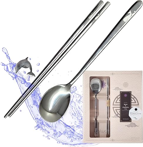 Miniatura 5 de 5 SetsHecho en Corea Juego de palillos pegajosos de cuchara de arroz estilo coreano 430 cucharas de sopa de acero inoxidable para ramen, palillos de