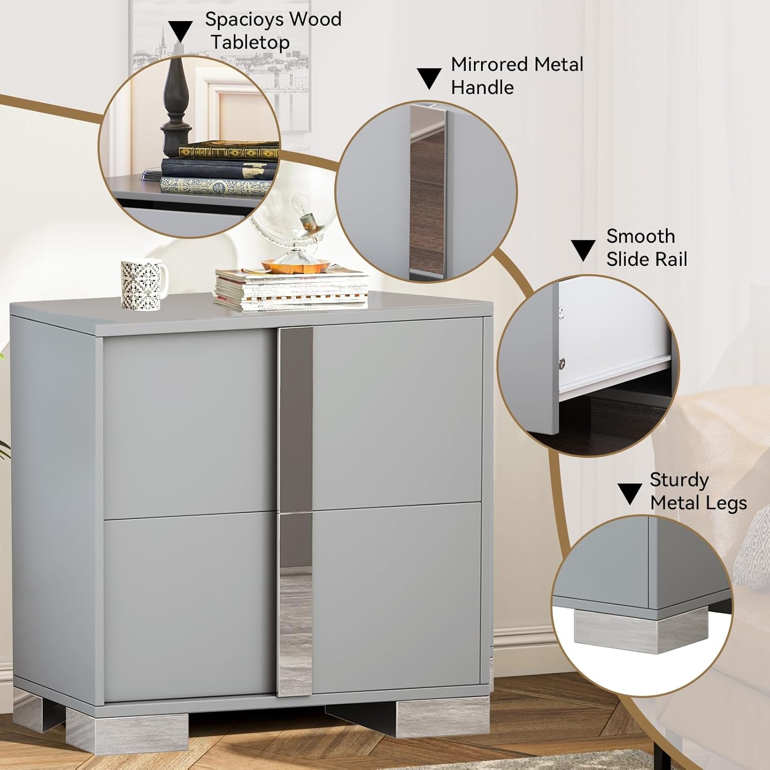 Elegant Grey Nightstand, Modern 2 Drawer End Bedside Table with Mirrored Metal Handle, Wood Nightstand for Bedroom End Table Sofa Side Tables for Living Room Office