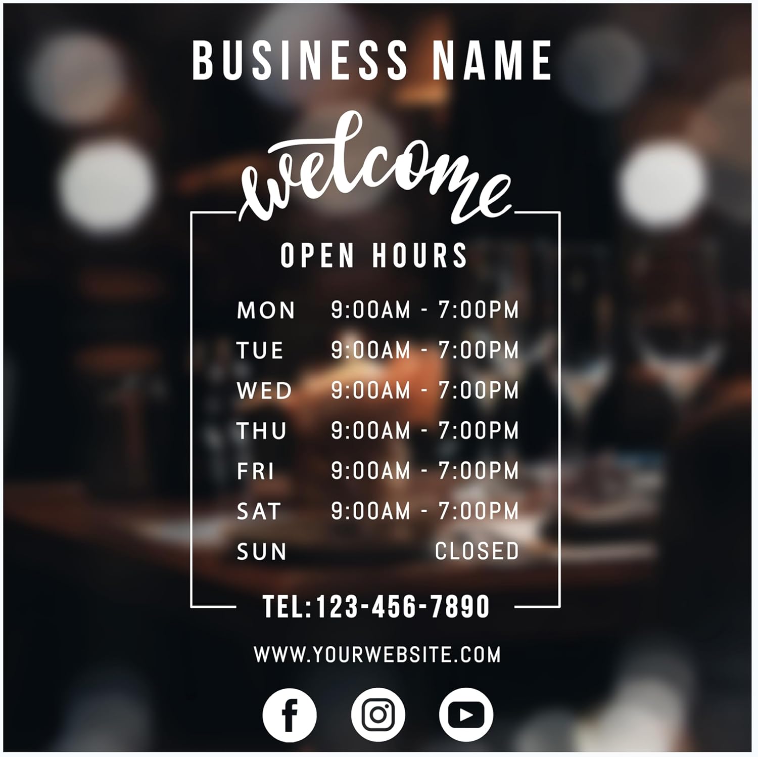 Customizable Storefront Business Hours Decal - Vinyl Window and Wall Sticker with Hours of Operation and Social Media Icons - Commercial Grade, Weather-Resistant Door Window Sign