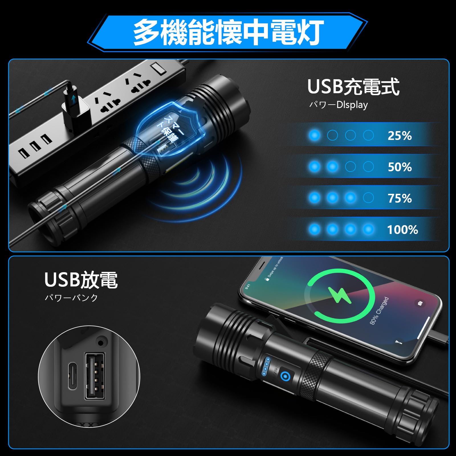 Amazon | 懐中電灯 フラッシュライト led 強力 軍用 最強 Uiitee 充電