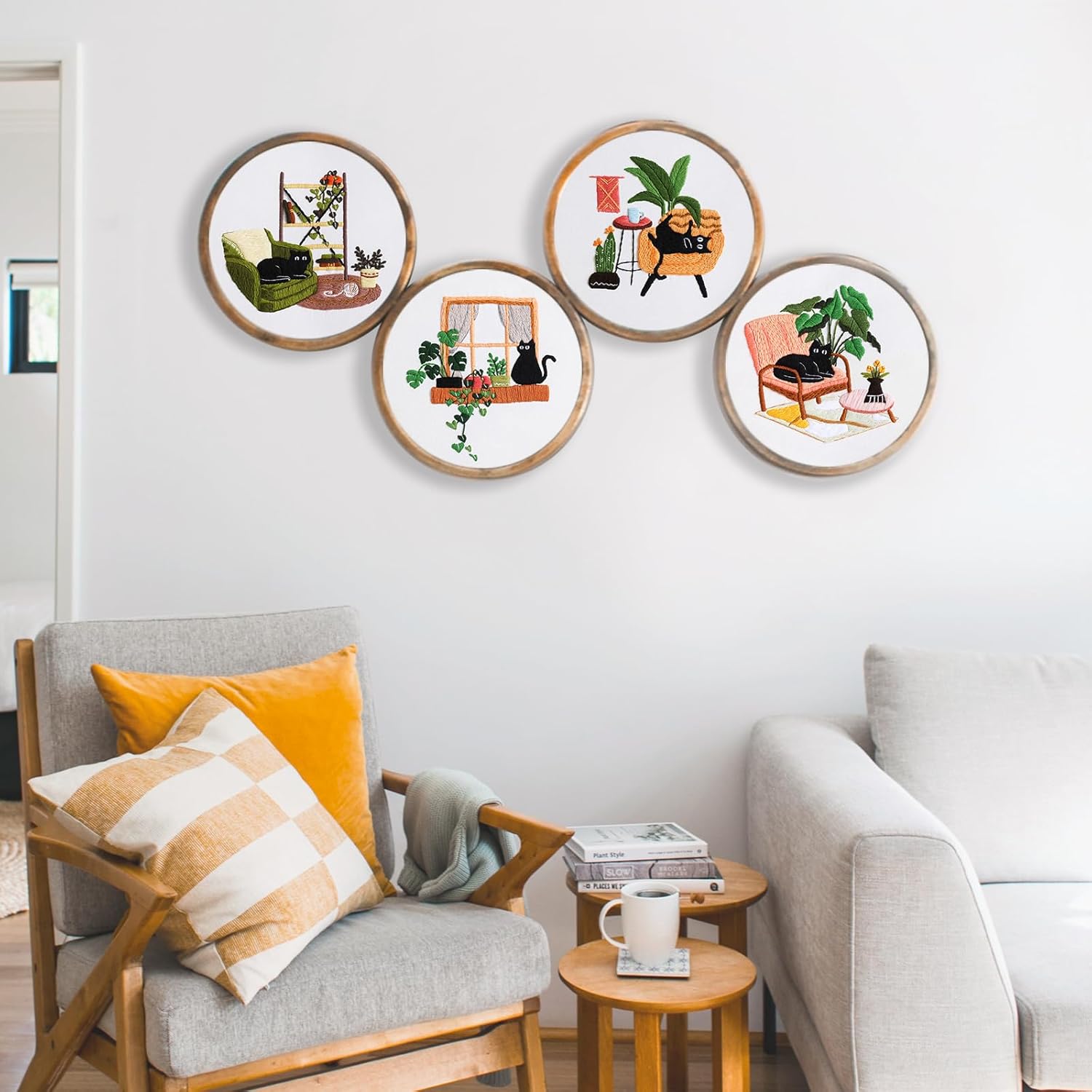 LOMOHOO 4 Sets Cat Embroidery Kit for Beginners, Cute Cat Pattern, Starter Craft DIY Embroidery Sets (Black Cat)