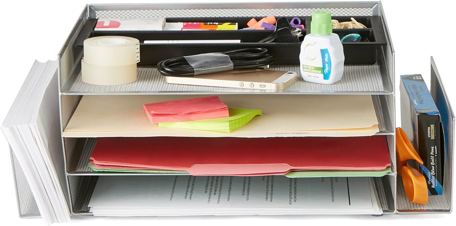 Mind Reader Desk Organizer with 2 Side Storage Compartments, Silver