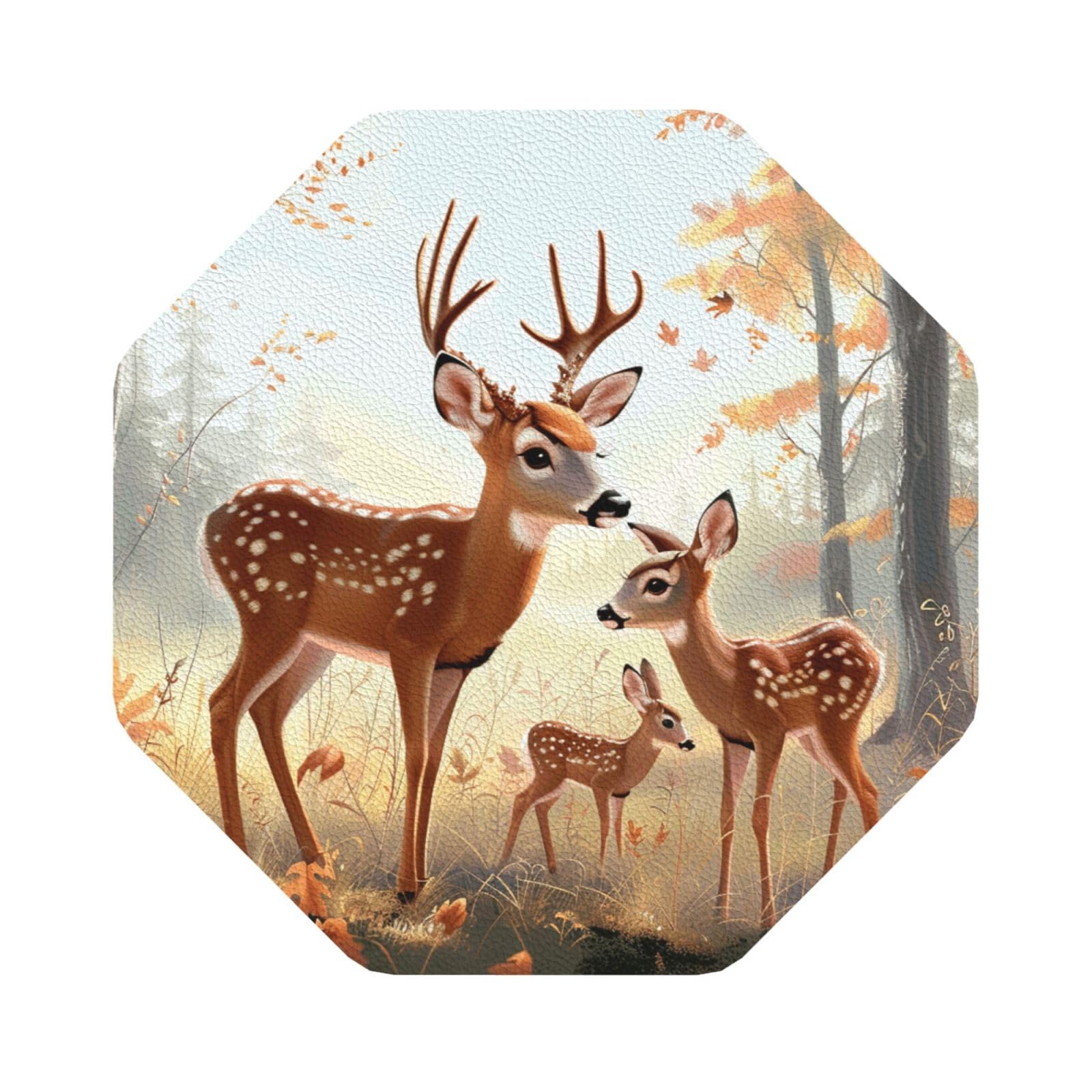 Cute Deers Print Leather Coaster Set of 6, Octagon Coasters Table Decorative Coffee Cup Beverage Coasters Wine Beer Bar Coasters for Hot Drinks Table Protection