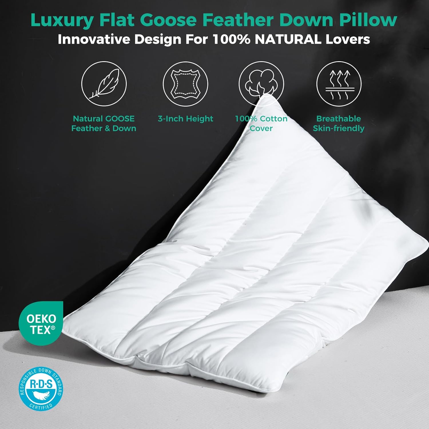 Three Geese Luxury Flat Thin Goose Feather Down Pillows Standard Size, 2.5" Height, 100% Cotton Cover, Medium Firm Hotel Collection Ultra Slim Thin Bed Pillows, Machine Washable, 18 x 26 Inches - Image 3