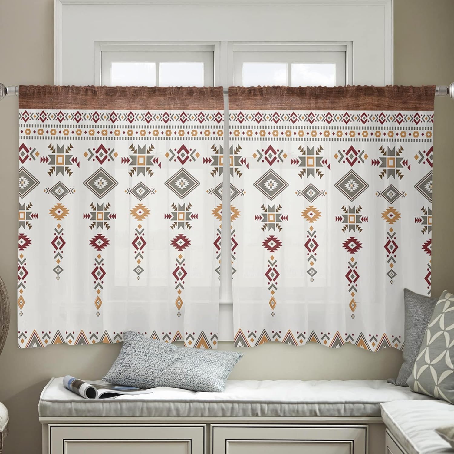 Sheer Curtains 45 Inches Long, Southwest Native American Tribal Totem Boho Window Treatment Panels Light Filtering Rod Pocke Curtain Voile Drapes for Bedroom/Living Room Each 52" W x 45" L