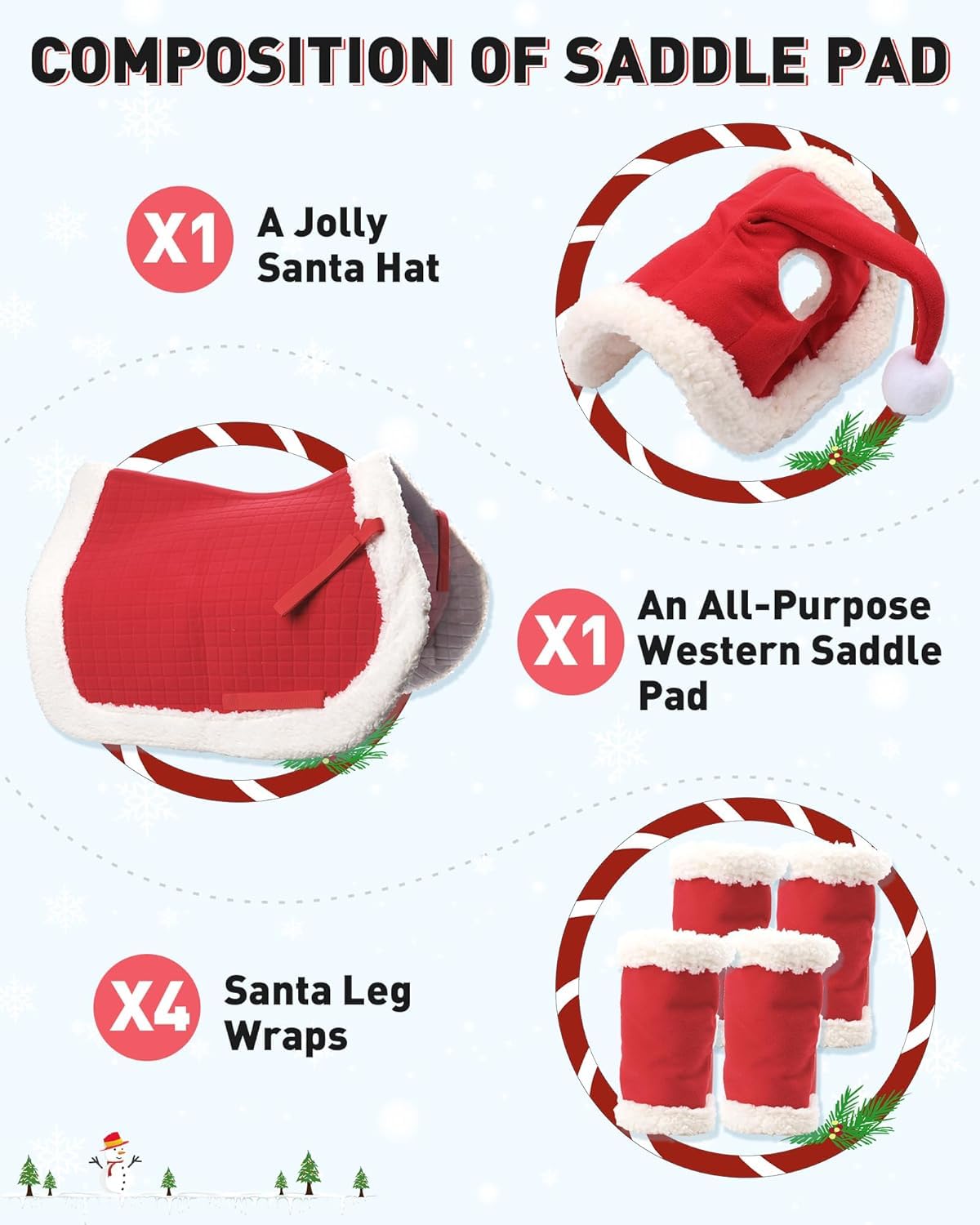 Costume di Natale per cavalli accessori da indossare: Sunnyload Pezzo Sottocoda di Natale Coprigambe da Babbo Natale con pelliccia sintetica Un allegro cappello di Natale per elmo da equitazione