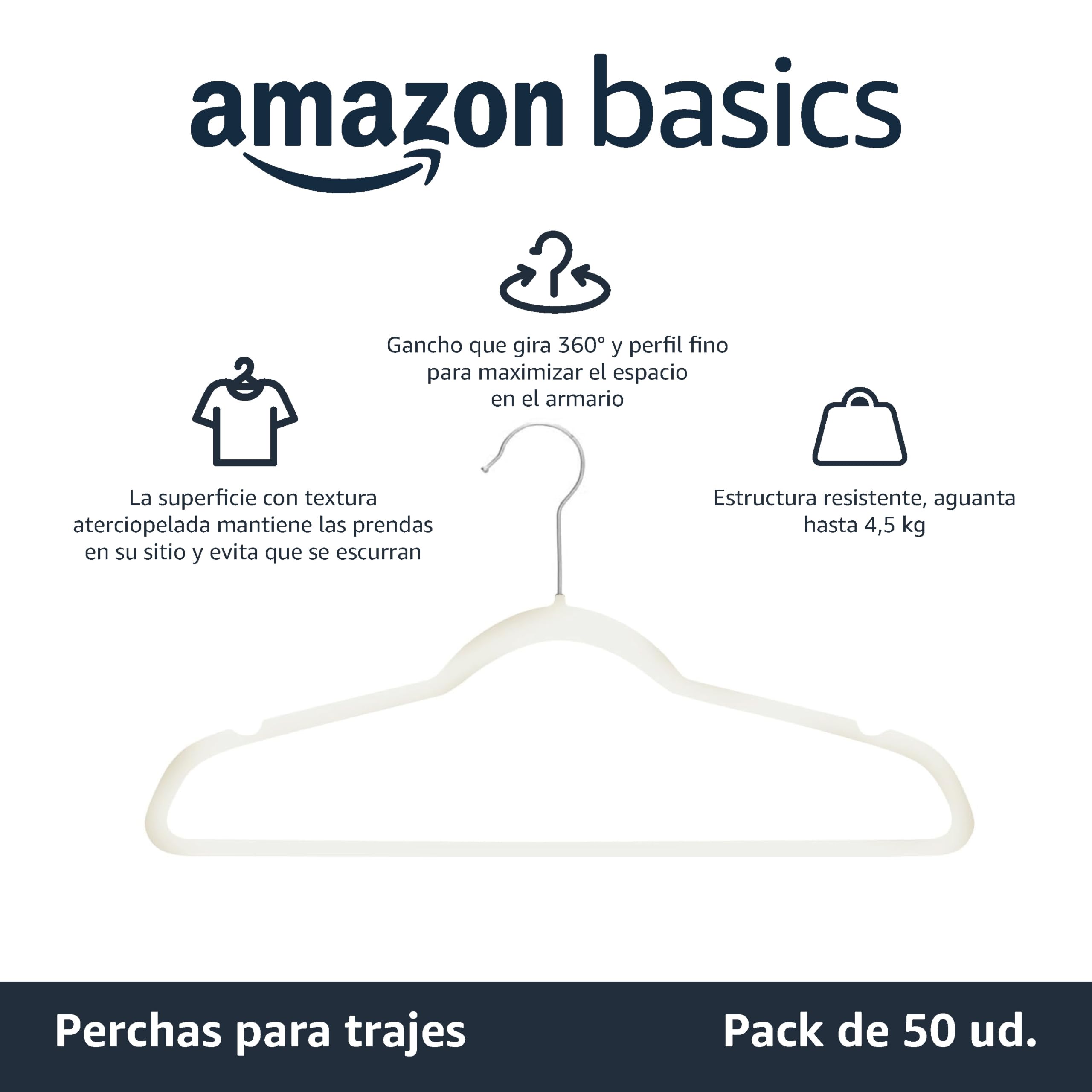 Amazon Basics Perchas de Terciopelo para Trajes - Paquete de 50, Marfil - 2