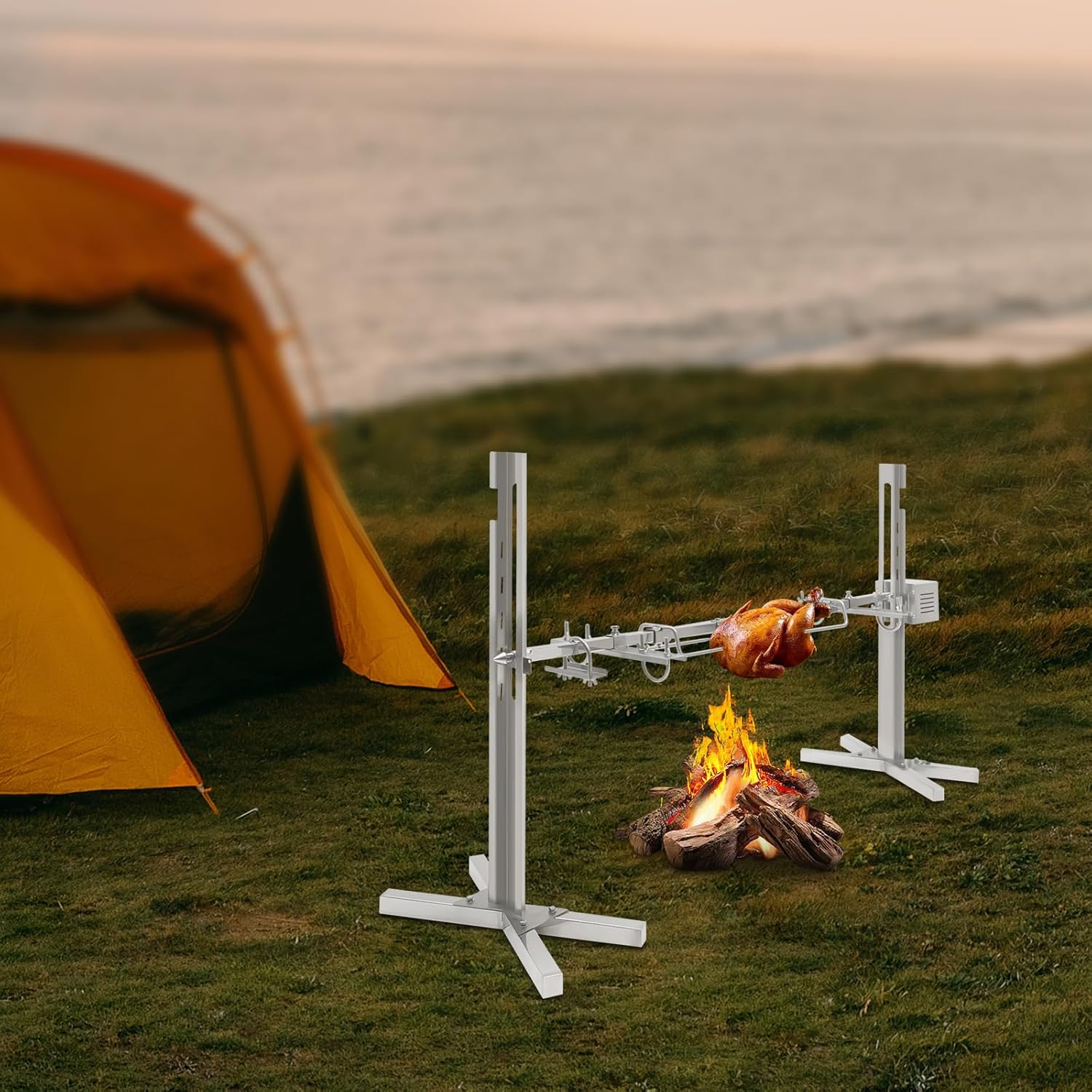 Rotisserie Grill Kit, Tripod Rotisserie Roaster Stand, 25W Motor 360-Degree Rotation Design, Adjustable Height, Rated 88 LBElectric BBQ Grill Stand for Outdoor Camping Party