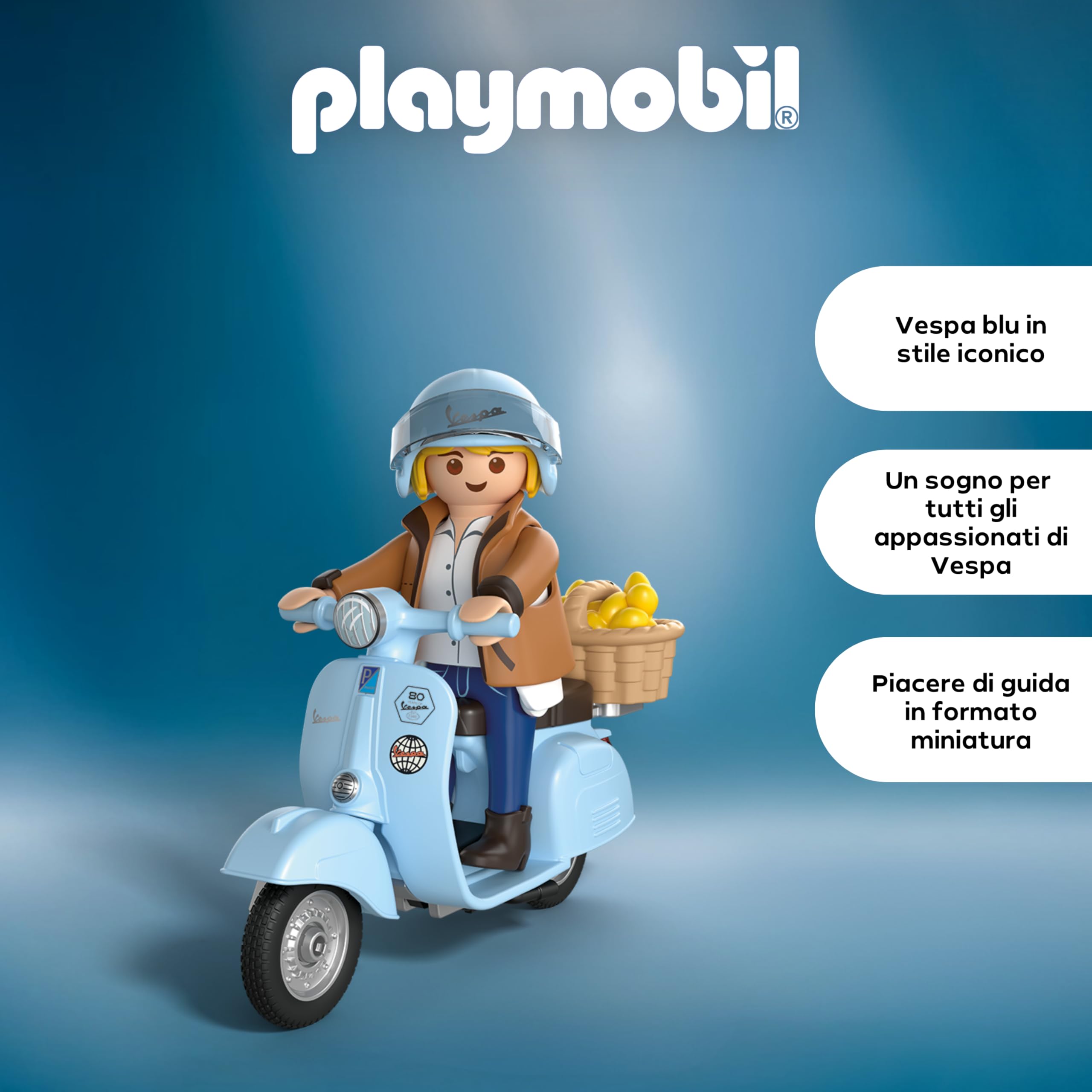 PLAYMOBIL | Veicoli | 80 anni di Vespa: stile iconico | Vespa anniversario azzurro chiaro con personaggio alla moda, cestino e foglio di adesivi | Giocattolo per bambini dai 5 anni in su | 72284
