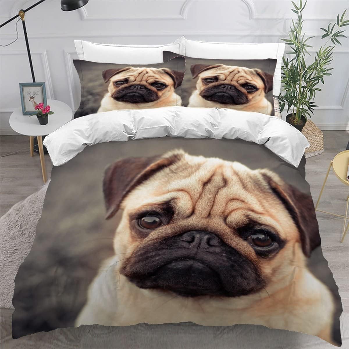 MEVASA Pug Bedding Set - Microfiber Teenager Bedding Animal Dog Gray 3D Bedding Set for Small Double - Anti Allergic Duvet Cover Set with Zipper /200x200