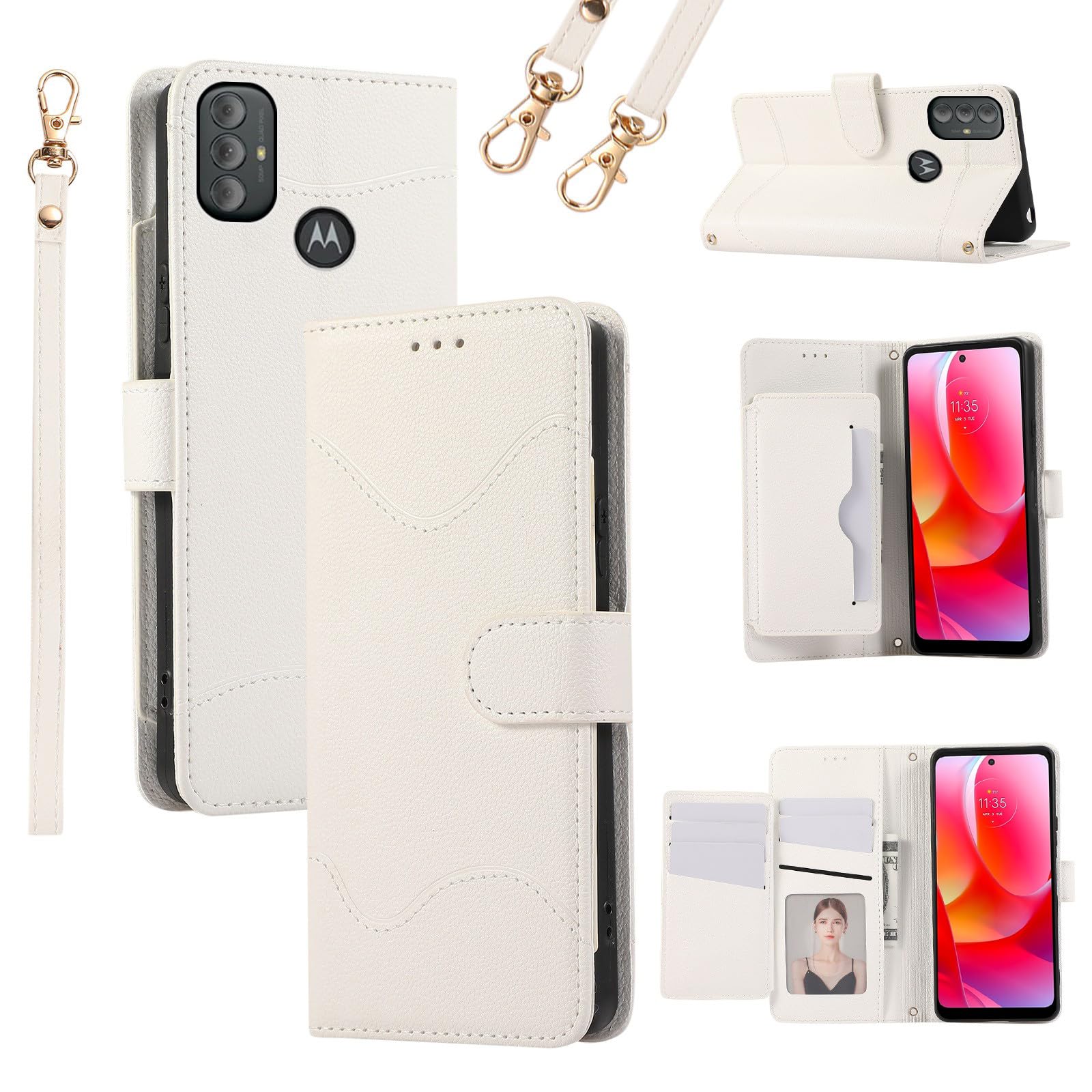 Furiet Wallet Case for Motorola Moto G Power 2022/MotoG Play 2023/G Pure 2021 with Wrist Strap and Shoulder Straps 7+ Card Slots RFID Blocking Phone Cover for XT2165DL XT2163DL XT2165-5 XT2271-5 White