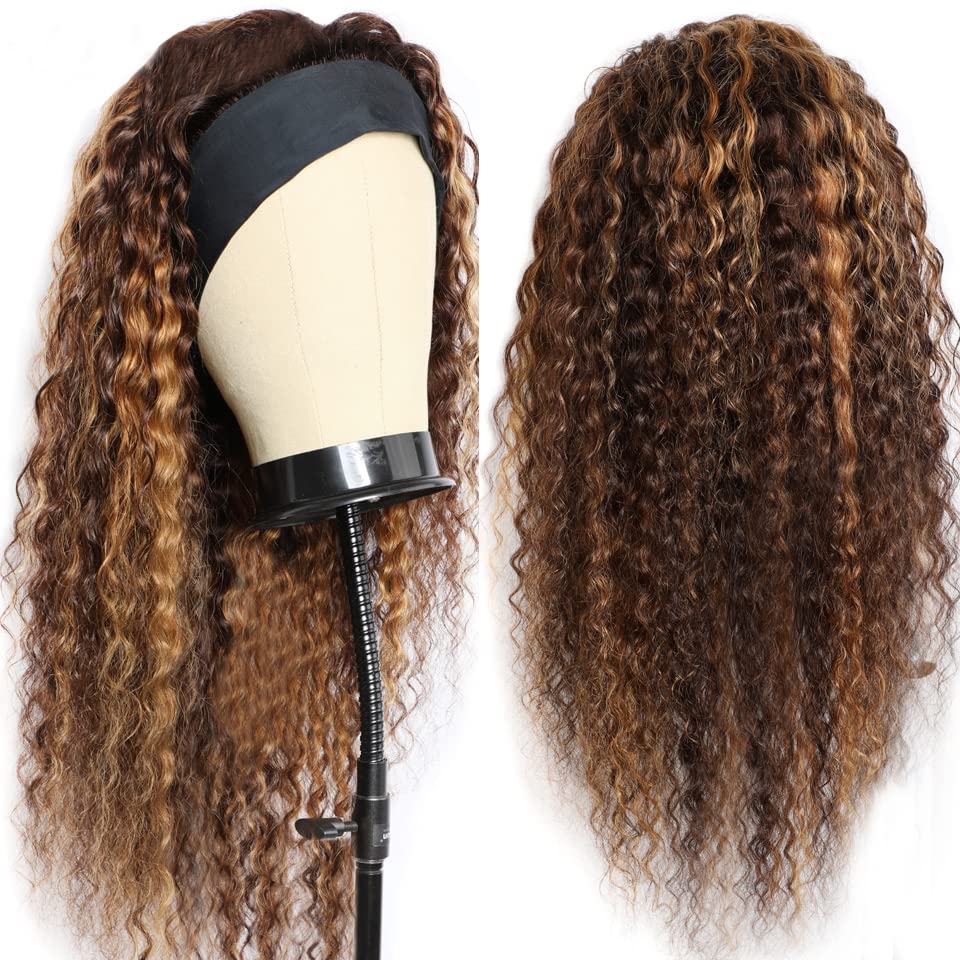 Image of XSY Highlight Ombre Headband Wig Human Hair 18 Inch Deep Wave Human Hair Wigs for Black Women #4 /27 Glueless None Lace Front Wigs Brazilian Virgin Curly Headband Wig150% Density