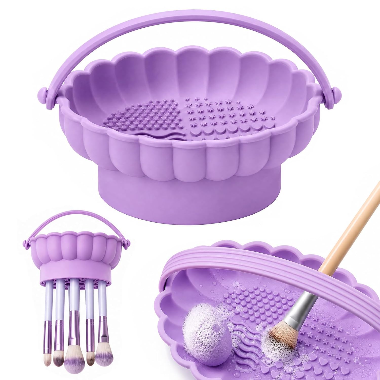 Pinkiou Makeup Brush Cleaner Mat, 3-in-1 Silicone Brush Cleaning Bowl with Hanging Drying Mesh & Holder Organizer, Multi-Texture Wash Pad Tool for Sponges, Powder Puffs, Home and Travel