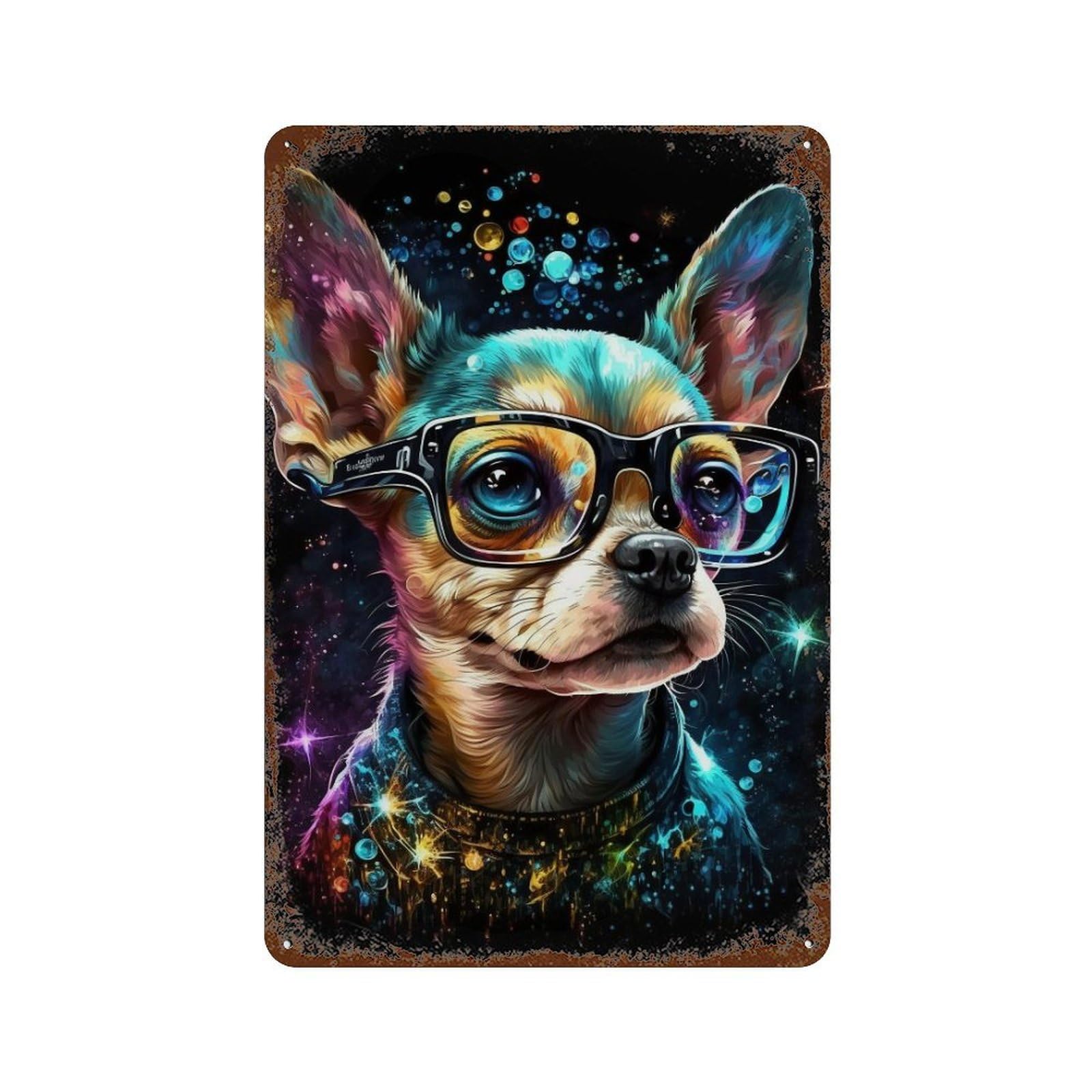 Colorful Chihuahua Glasses Art Print Vintage Metal Tin Sign 11.8"x7.9", Ideal for Basement, Hobby Room And Garage Decor