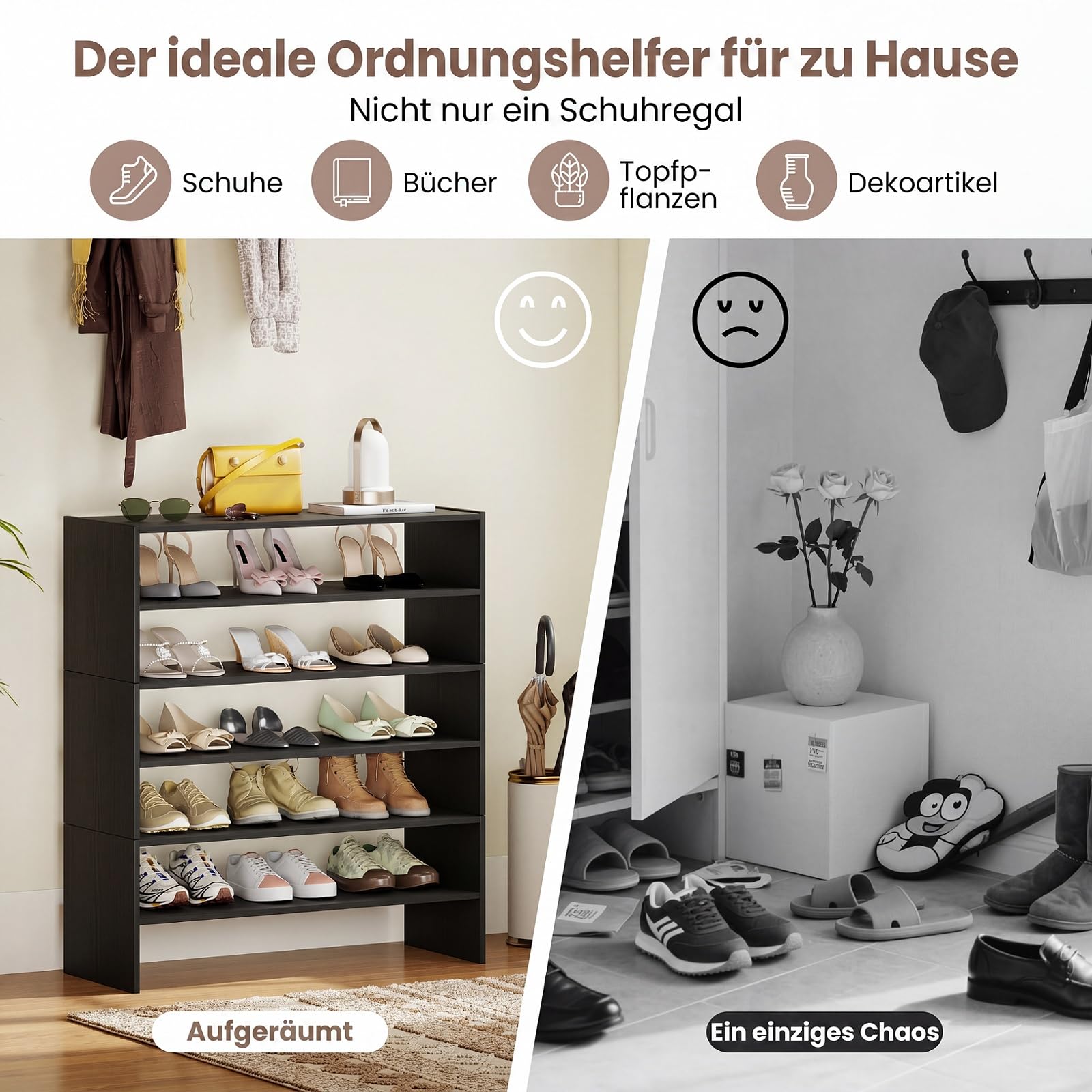 COSTWAY Schuhregal stapelbar Holz, Schuhorganizer Freikombination (Schwarz) | 6 stufiges Holzschuhregal mit Anti-Kipp-Vorrichtung, Moderner Schuhturm freistehend für Schlafzimmer, Flur, Eingangsbereich