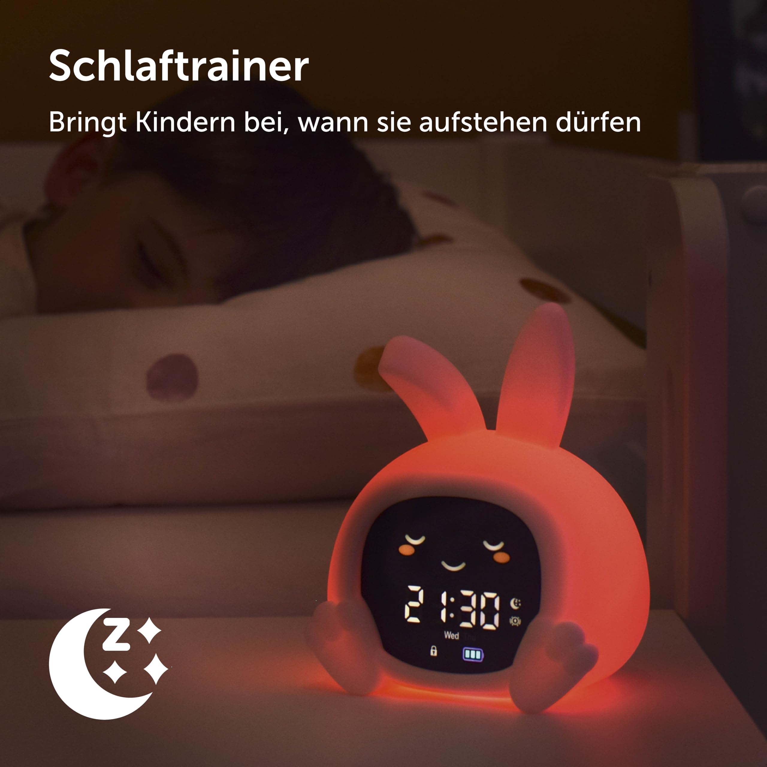 ZAZU Sarah Sleeptrainer für Kinder – Nachtlicht (5 Farben), Soundmaschine, Wecker mit 6 Sounds, Augen öffnen/schließen, wiederaufladbar inkl. USB